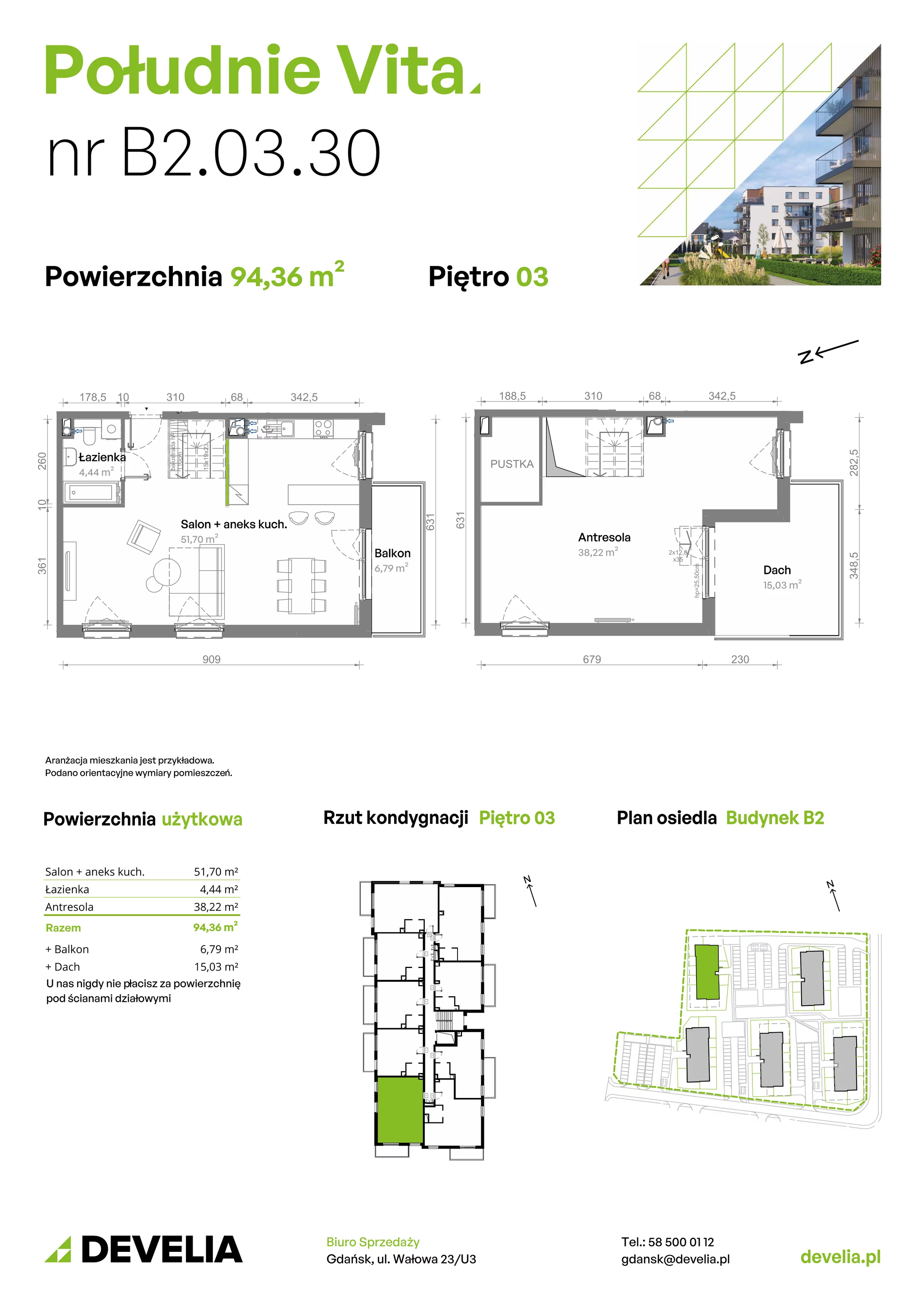 4 pokoje, mieszkanie 94,36 m², piętro 3, oferta nr B2.03.30, Południe Vita etap III, Gdańsk, Orunia Górna-Gdańsk Południe, ul. Kazimierza Wielkiego 