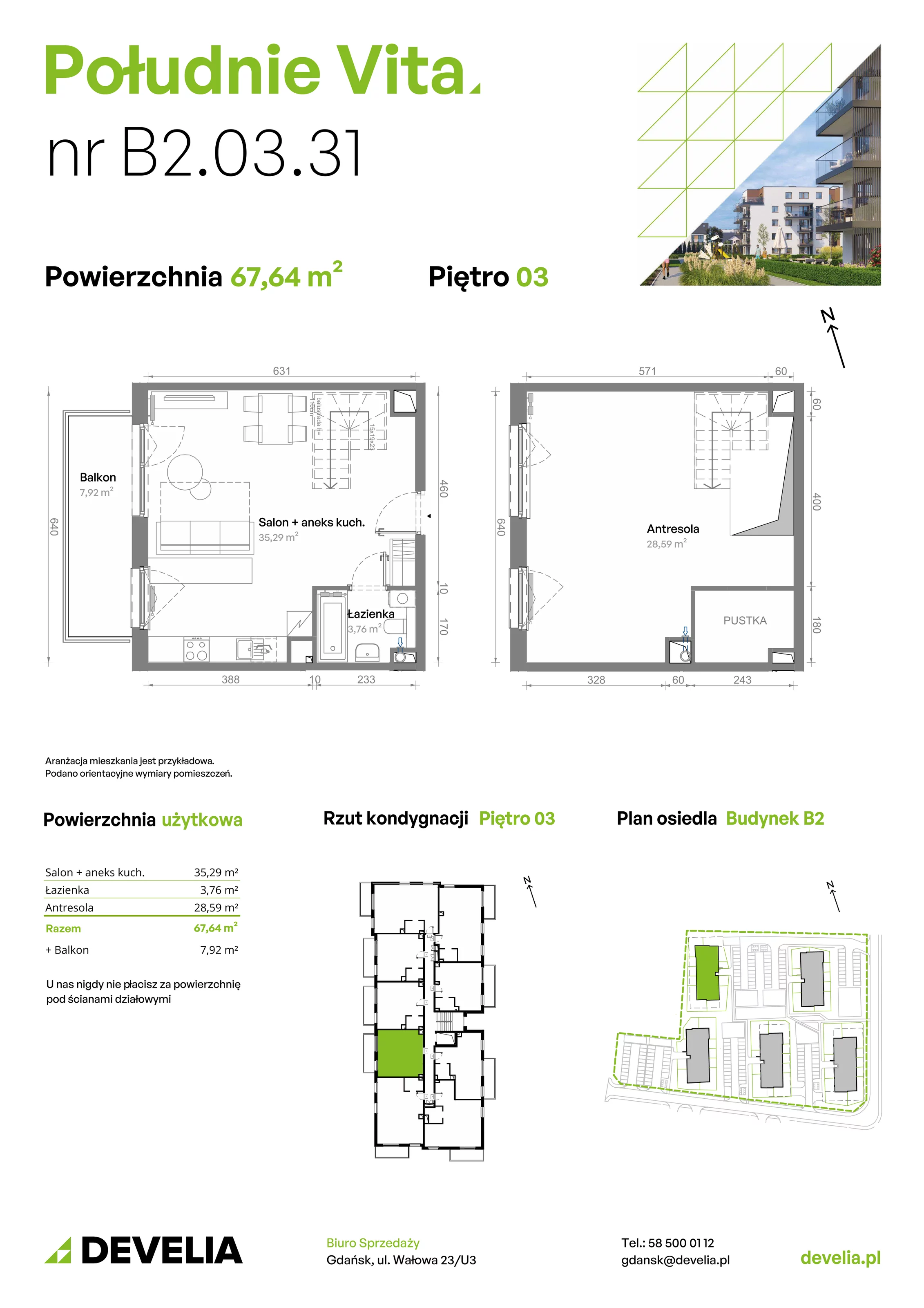 3 pokoje, mieszkanie 67,64 m², piętro 3, oferta nr B2.03.31, Południe Vita etap III, Gdańsk, Orunia Górna-Gdańsk Południe, ul. Kazimierza Wielkiego 