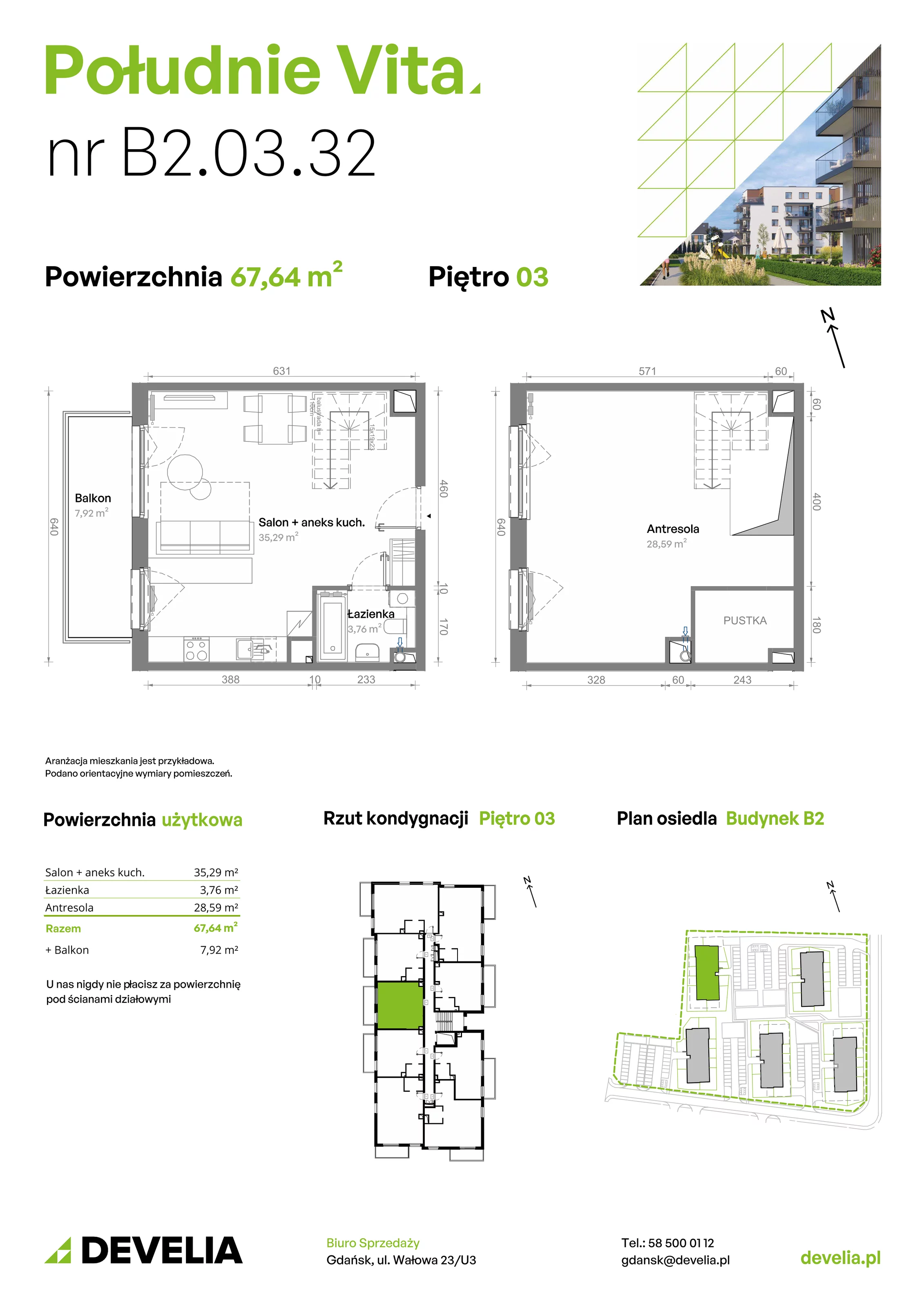 3 pokoje, mieszkanie 67,64 m², piętro 3, oferta nr B2.03.32, Południe Vita etap III, Gdańsk, Orunia Górna-Gdańsk Południe, ul. Kazimierza Wielkiego 