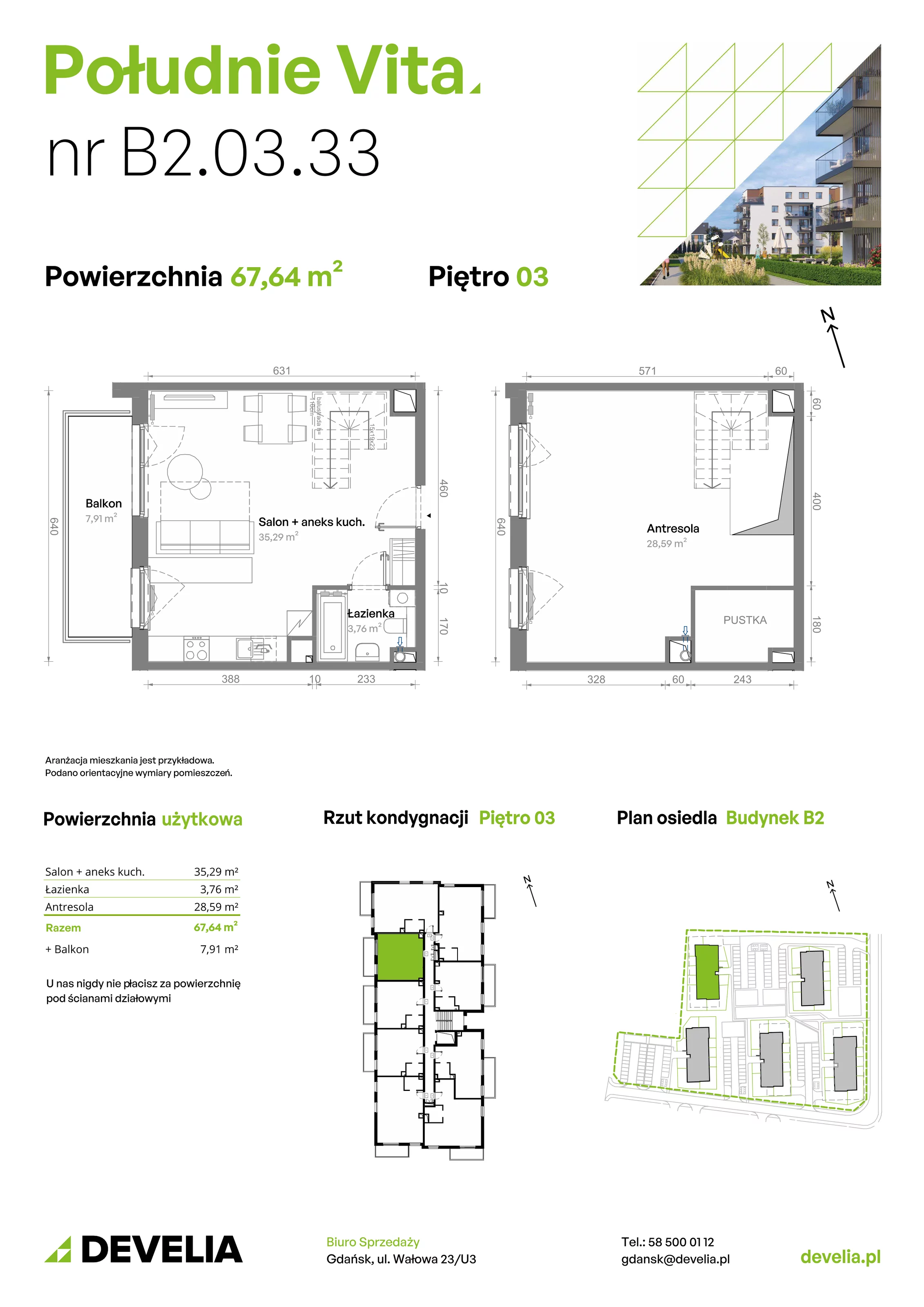 3 pokoje, mieszkanie 67,64 m², piętro 3, oferta nr B2.03.33, Południe Vita etap III, Gdańsk, Orunia Górna-Gdańsk Południe, ul. Kazimierza Wielkiego 