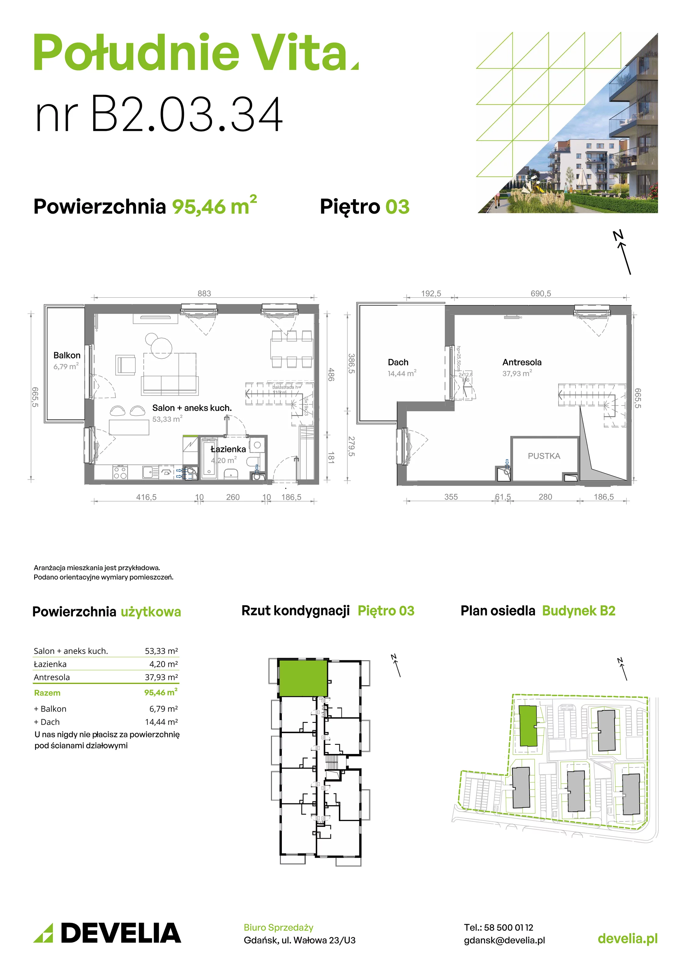 4 pokoje, mieszkanie 95,46 m², piętro 3, oferta nr B2.03.34, Południe Vita etap III, Gdańsk, Orunia Górna-Gdańsk Południe, ul. Kazimierza Wielkiego 