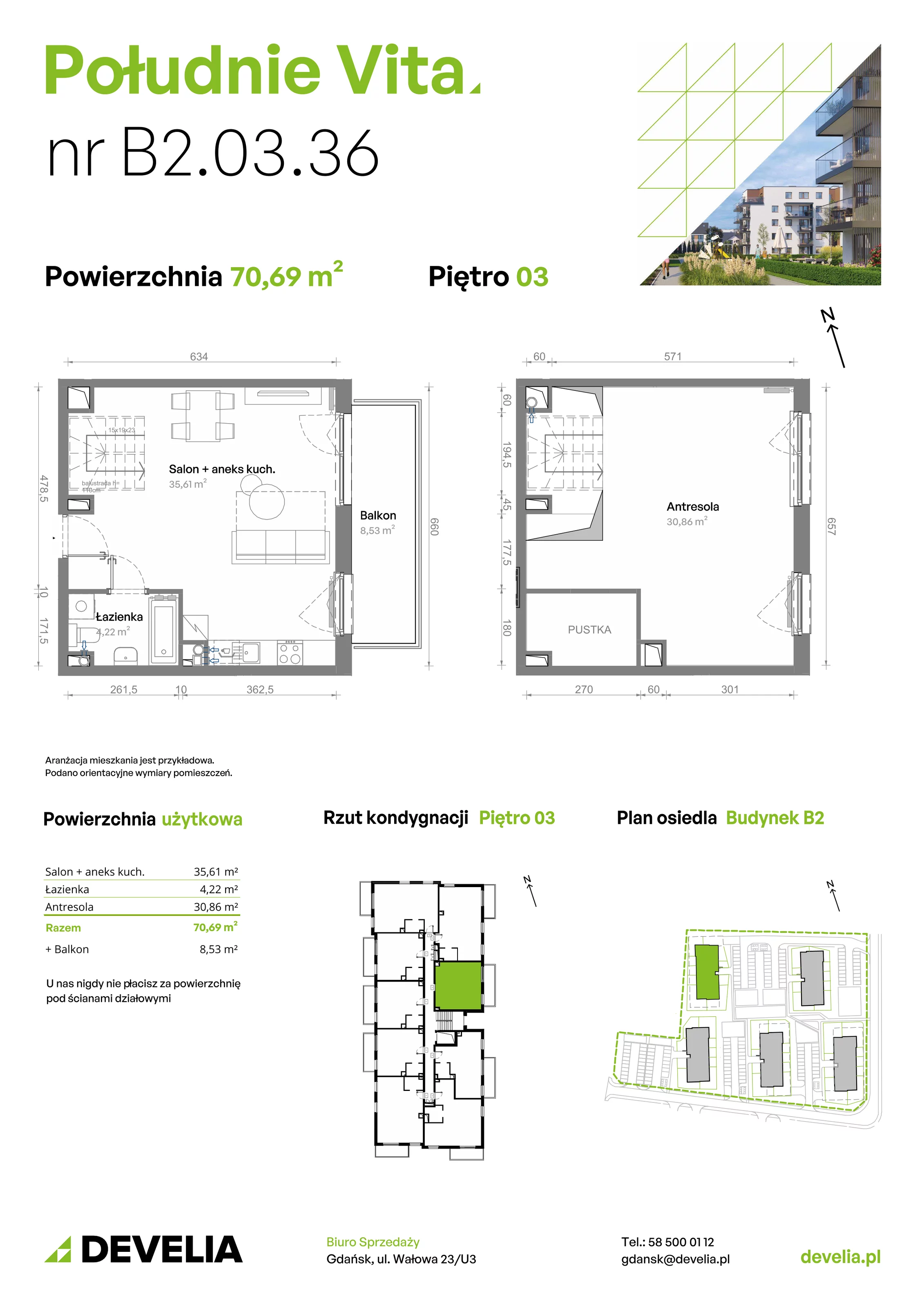 3 pokoje, mieszkanie 70,69 m², piętro 3, oferta nr B2.03.36, Południe Vita etap III, Gdańsk, Orunia Górna-Gdańsk Południe, ul. Kazimierza Wielkiego 