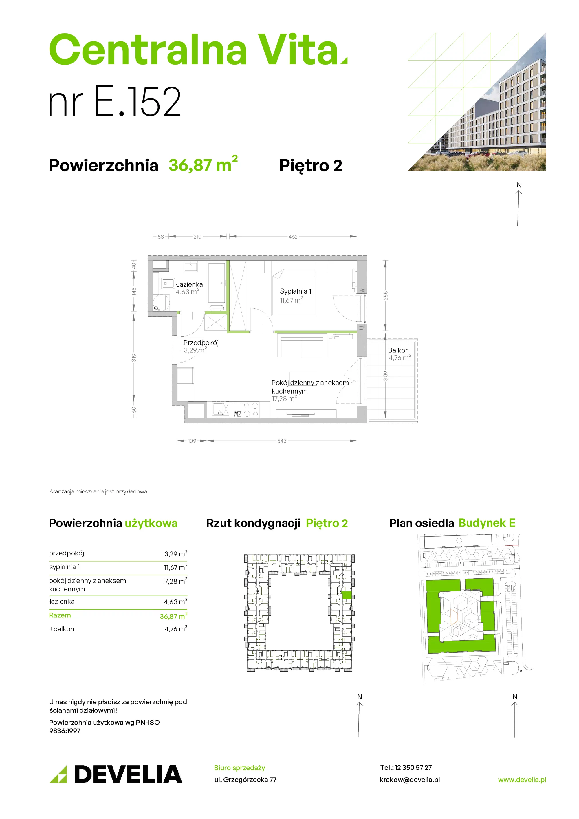 2 pokoje, mieszkanie 36,87 m², piętro 2, oferta nr E.152, Centralna Vita, Kraków, Czyżyny, ul. Romana Ciesielskiego