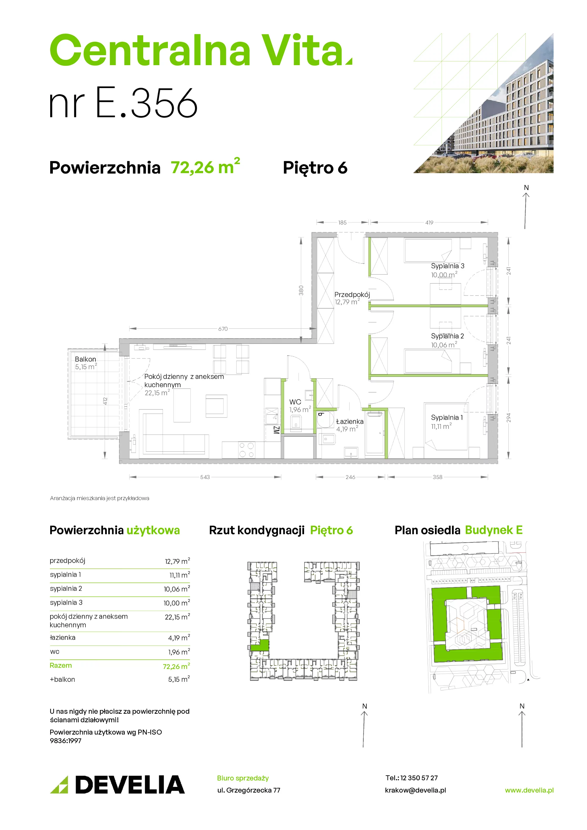 4 pokoje, mieszkanie 72,26 m², piętro 6, oferta nr E.356, Centralna Vita, Kraków, Czyżyny, ul. Ciesielskiego