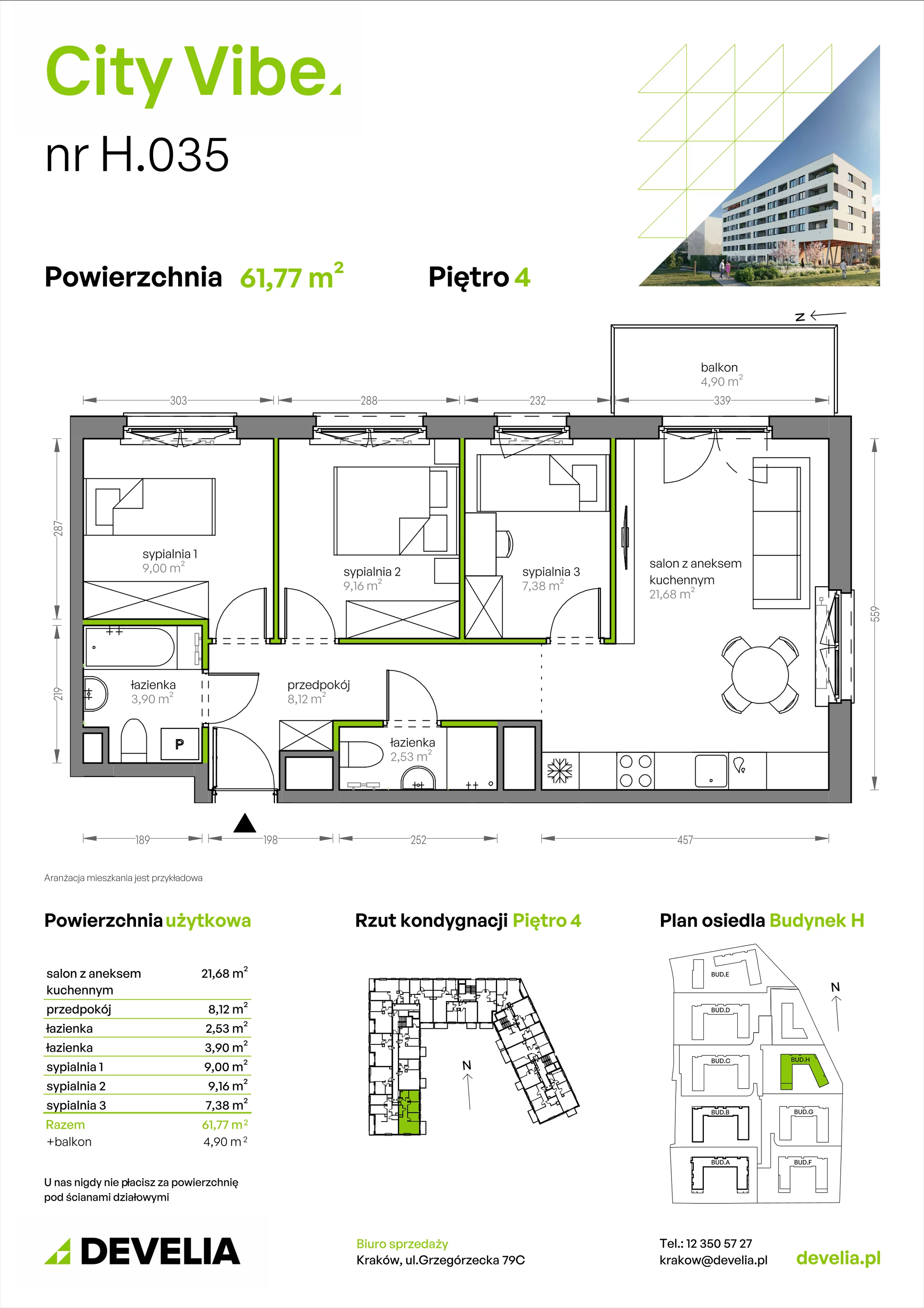 4 pokoje, mieszkanie 61,77 m², piętro 4, oferta nr H.035, City Vibe etap VI, Kraków, Podgórze, Płaszów, ul. Myśliwska