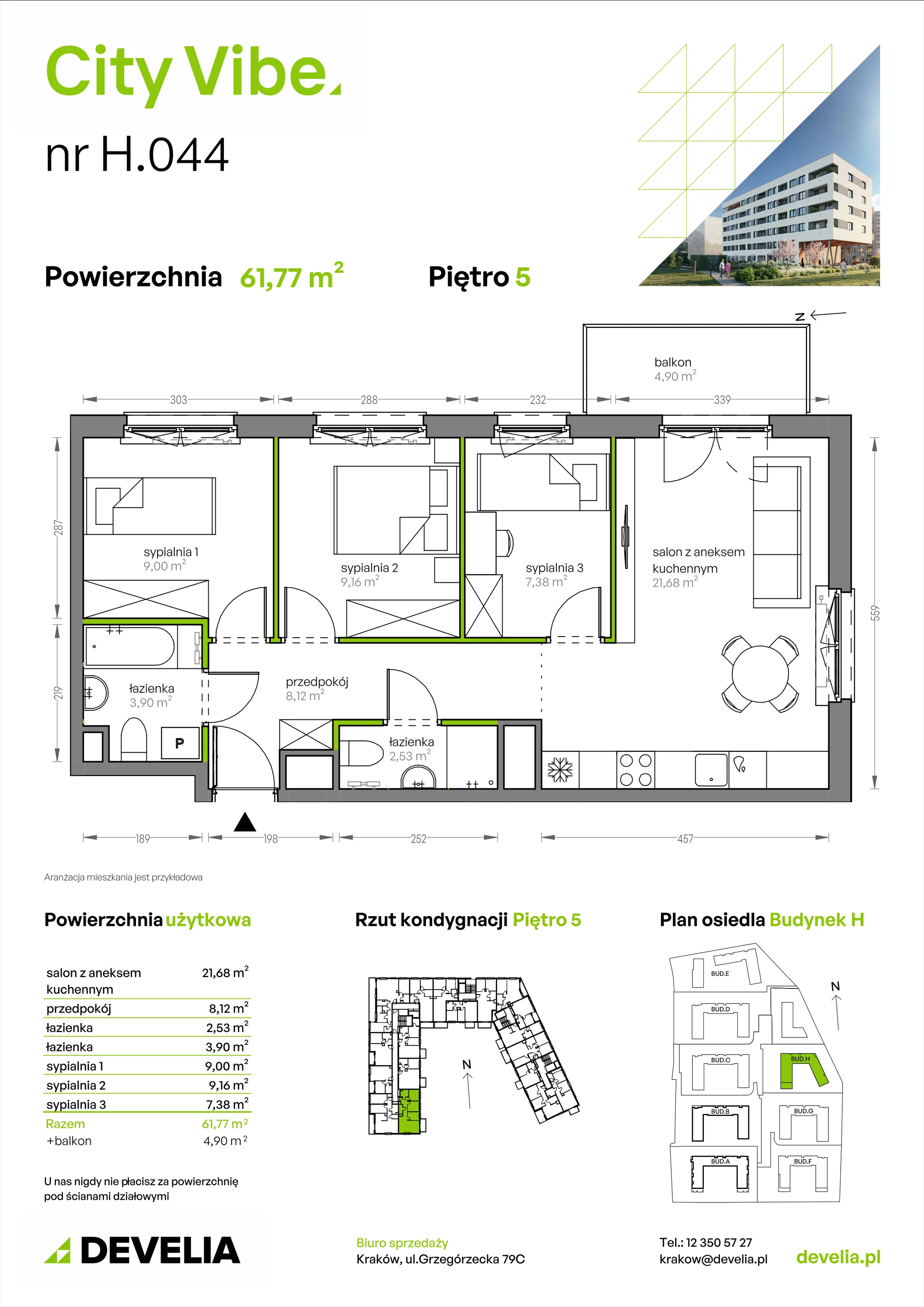 4 pokoje, mieszkanie 61,77 m², piętro 5, oferta nr H.044, City Vibe etap VI, Kraków, Podgórze, Płaszów, ul. Myśliwska