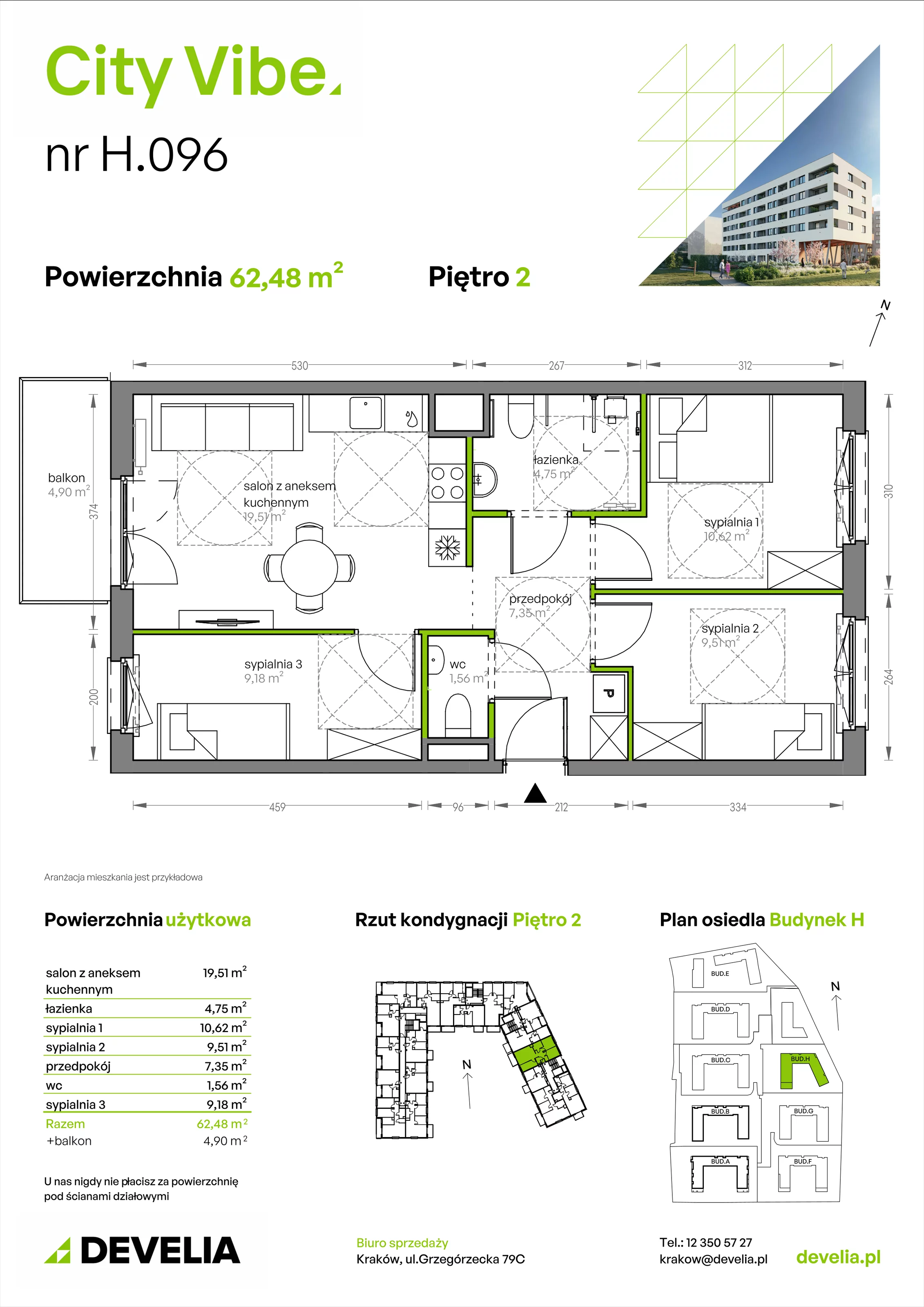 4 pokoje, mieszkanie 62,48 m², piętro 2, oferta nr H.096, City Vibe etap VI, Kraków, Podgórze, Płaszów, ul. Myśliwska