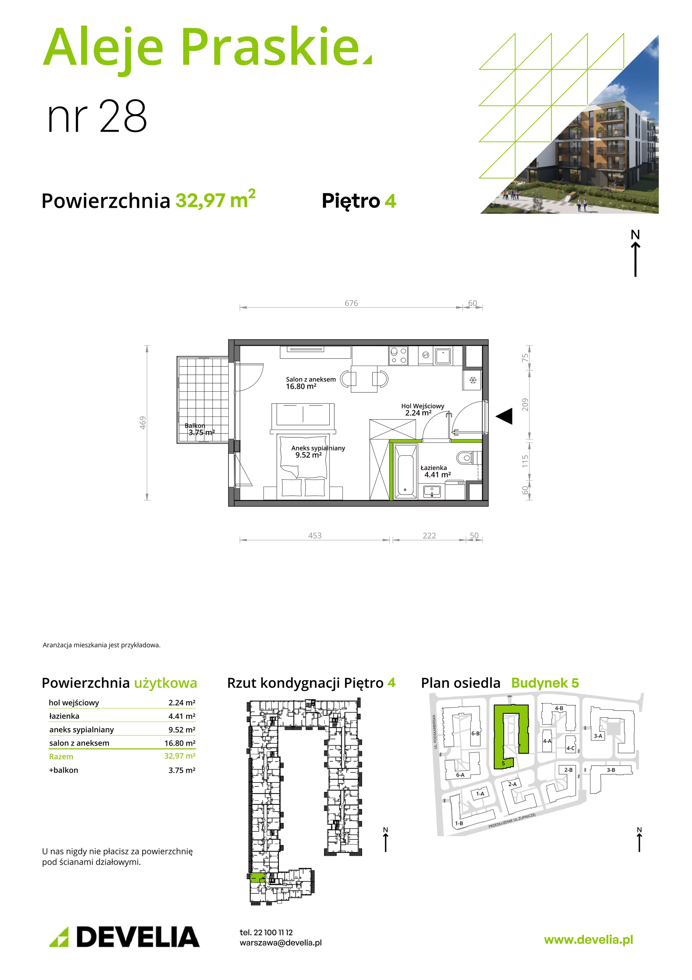 1 pokój, mieszkanie 33,01 m², piętro 4, oferta nr 028/5, Aleje Praskie, Warszawa, Praga Południe, Kamionek, ul. Podskarbińska 32/34