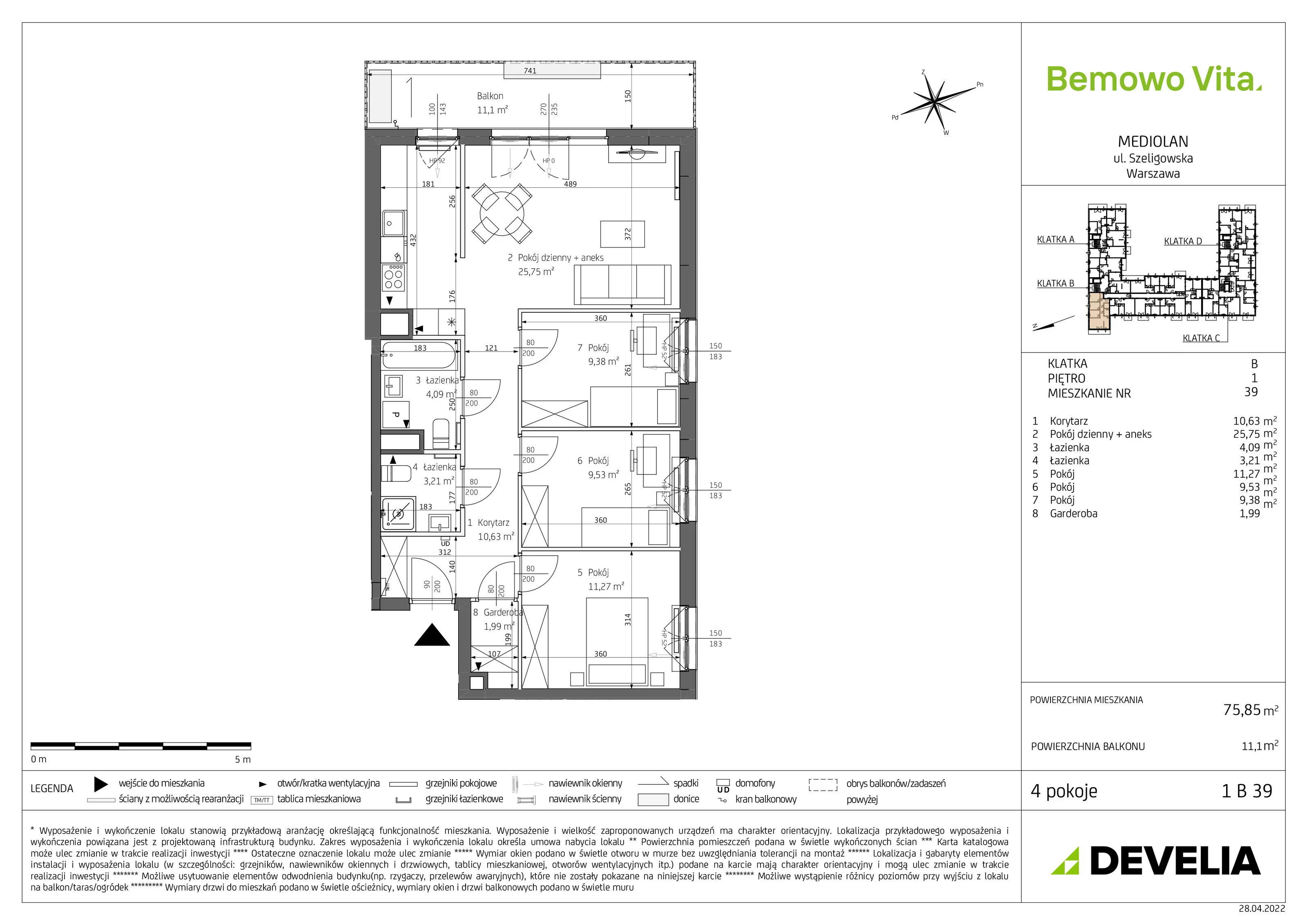 Mieszkanie 75,85 m², piętro 1, oferta nr B4/1/B39, Bemowo Vita, Warszawa, Bemowo, Chrzanów, ul. Szeligowska 59