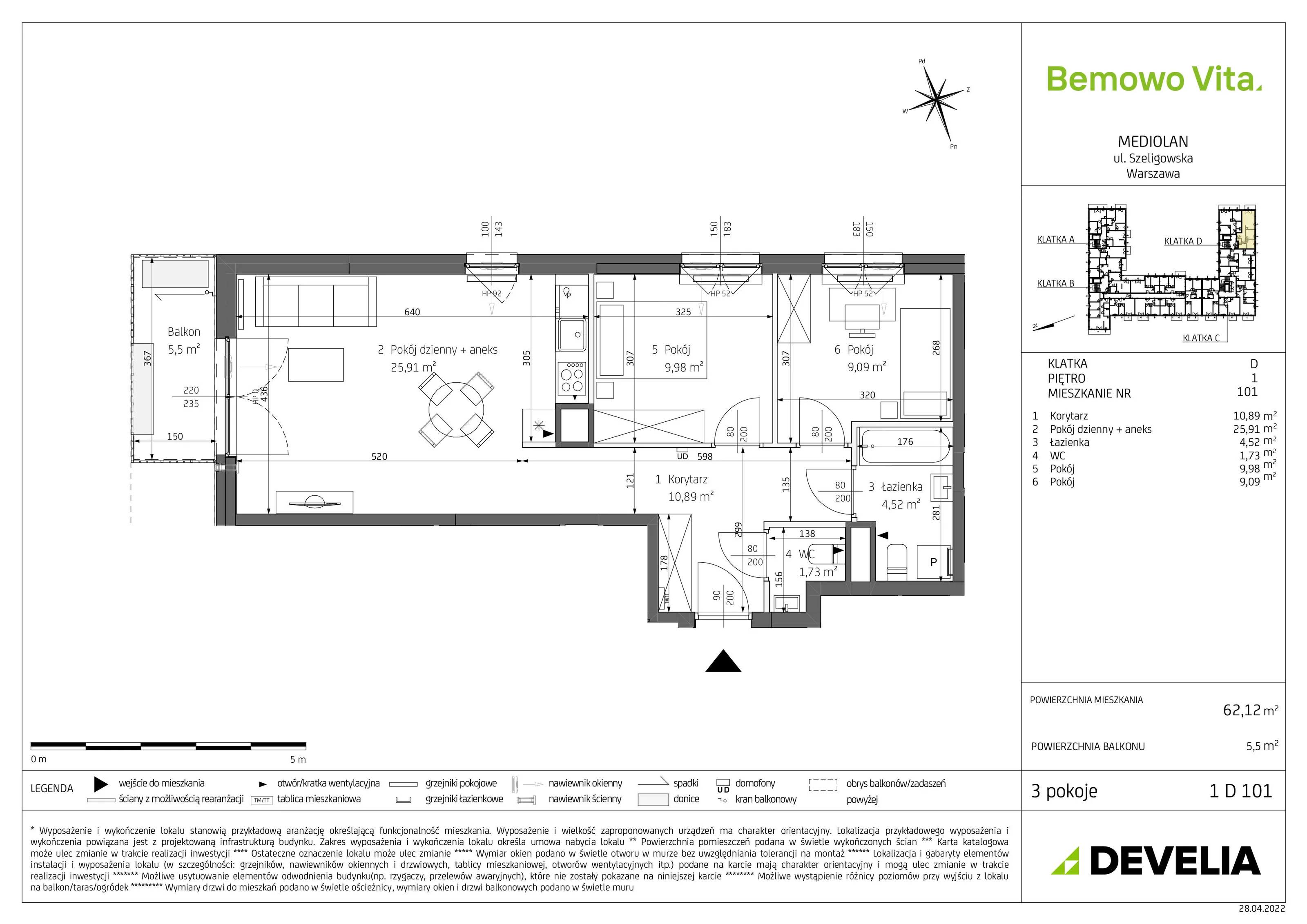 Mieszkanie 62,12 m², piętro 1, oferta nr B4/1/D101, Bemowo Vita, Warszawa, Bemowo, Chrzanów, ul. Szeligowska 59