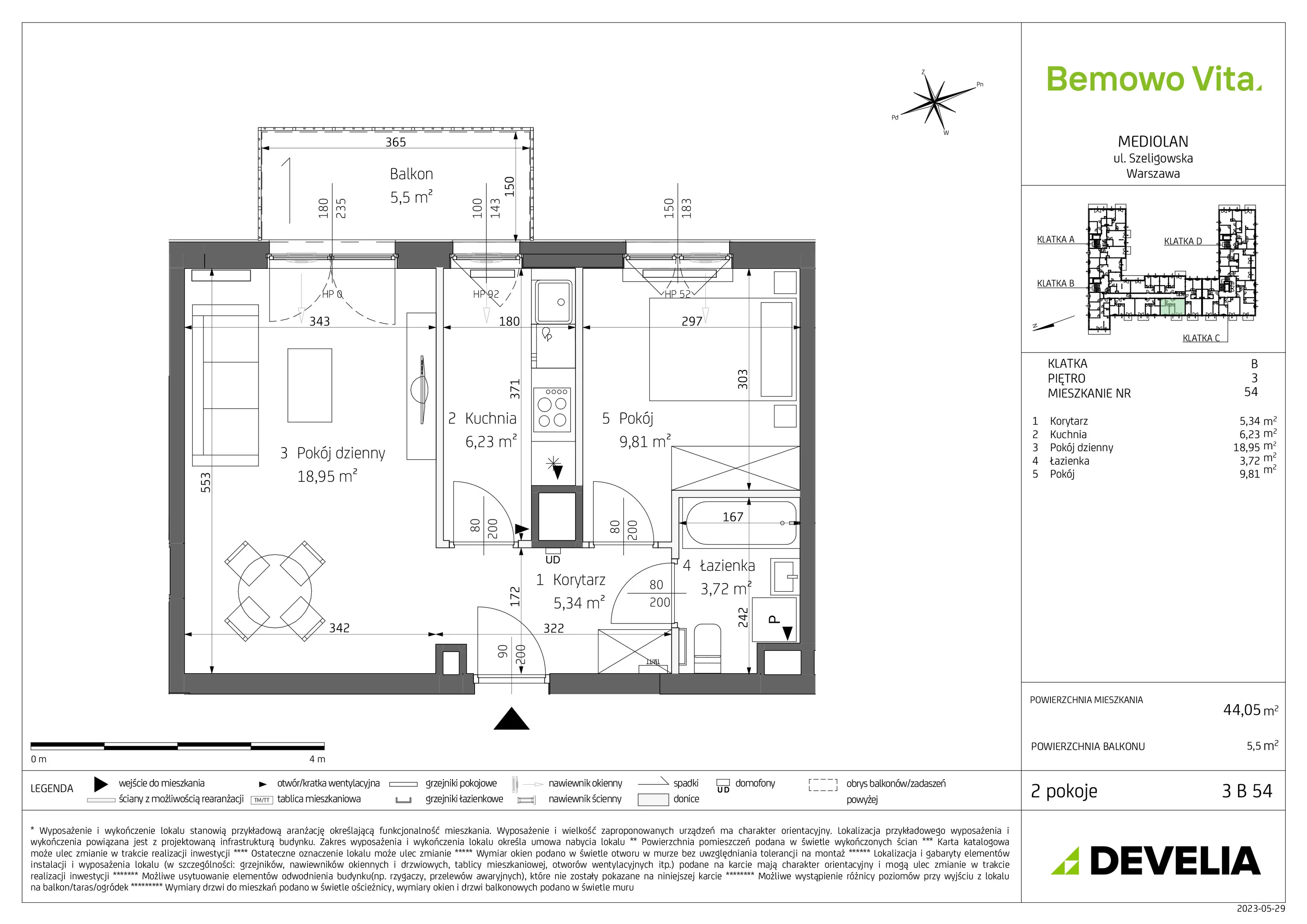 Mieszkanie 44,05 m², piętro 3, oferta nr B4/3/B54, Bemowo Vita, Warszawa, Bemowo, Chrzanów, ul. Szeligowska 59