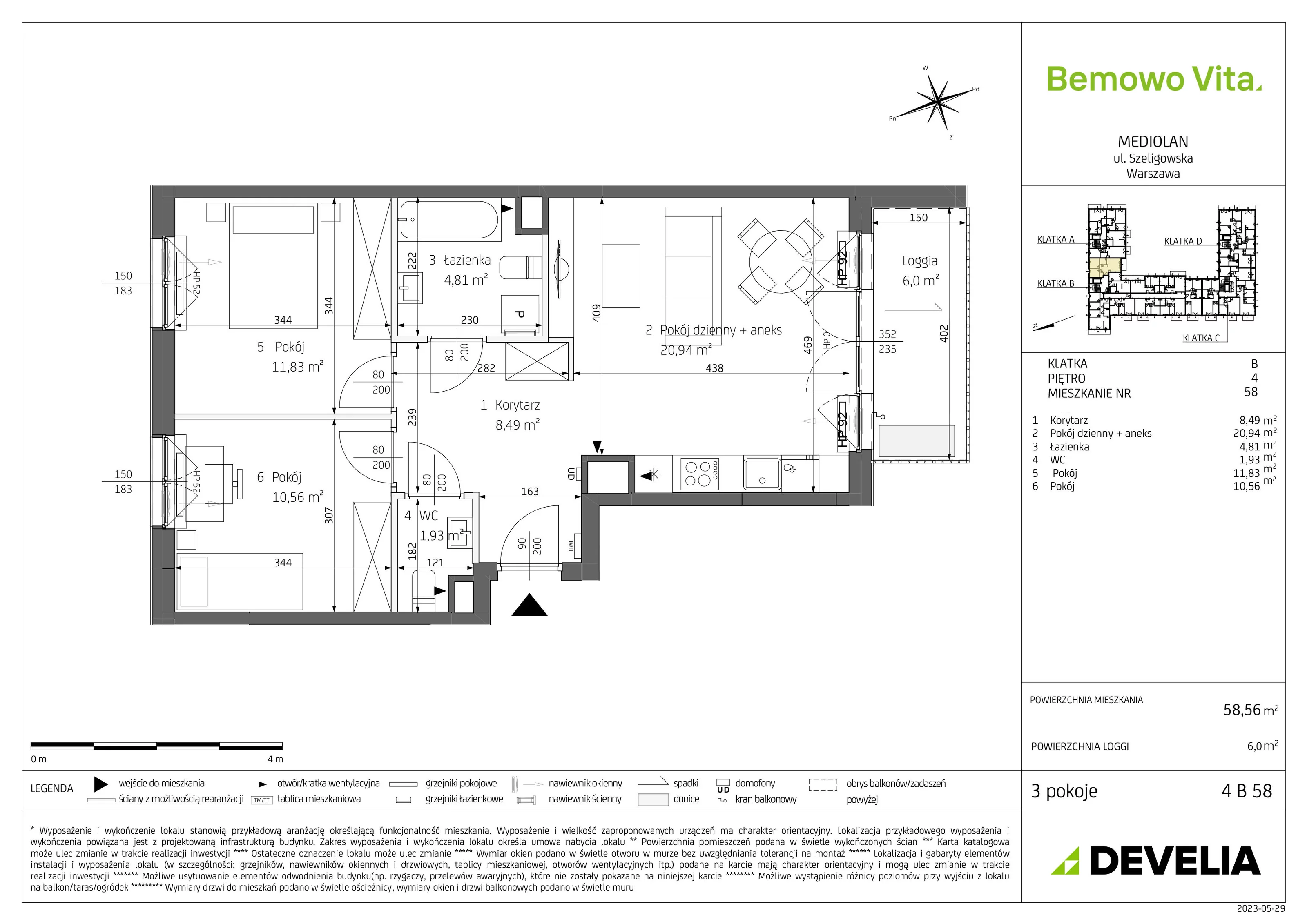 Mieszkanie 58,56 m², piętro 4, oferta nr B4/4/B58, Bemowo Vita, Warszawa, Bemowo, Chrzanów, ul. Szeligowska 59