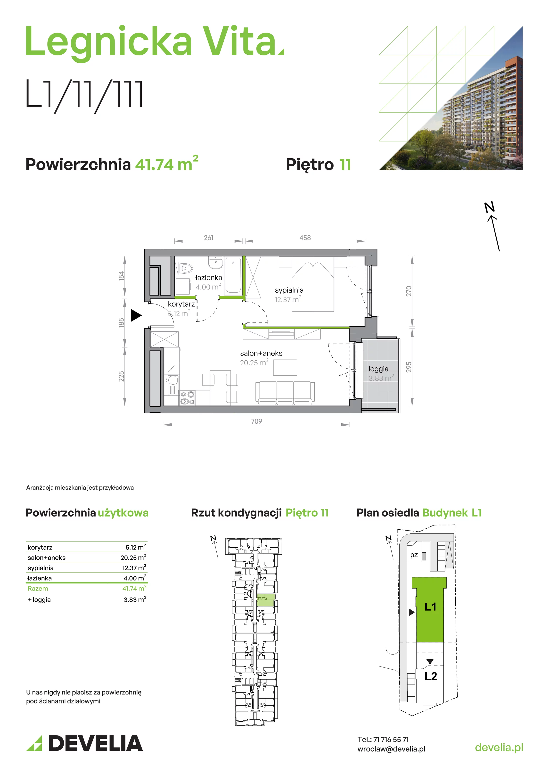 2 pokoje, mieszkanie 41,74 m², piętro 11, oferta nr L1/11/111, Legnicka Vita, Wrocław, Gądów-Popowice Południowe, Popowice, ul. Legnicka 52 A