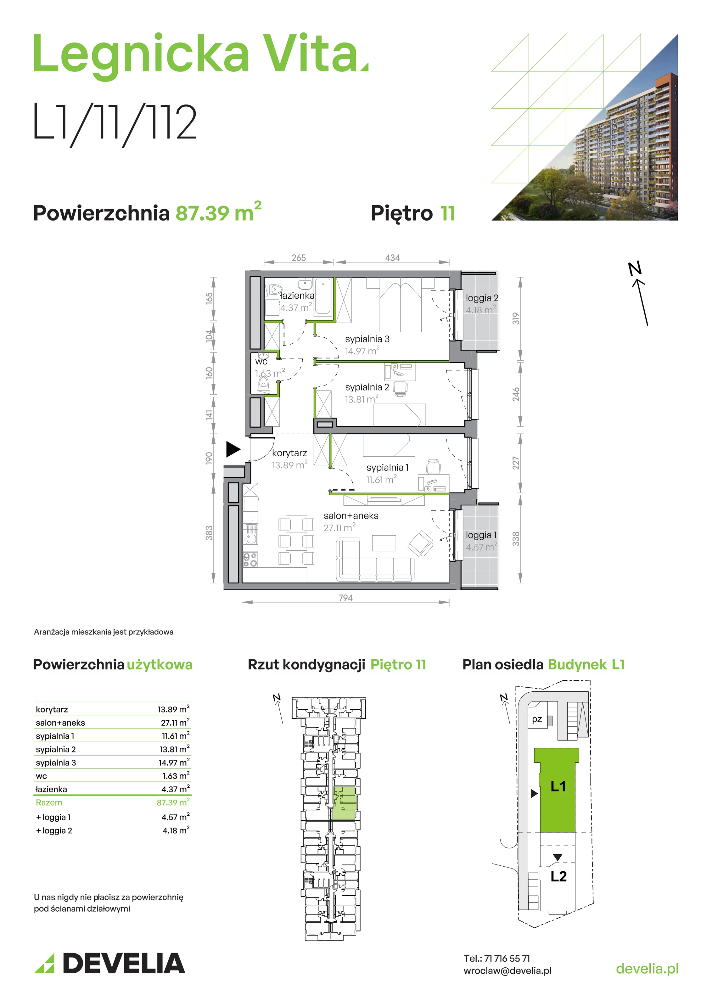 4 pokoje, mieszkanie 87,39 m², piętro 11, oferta nr L1/11/112, Legnicka Vita, Wrocław, Gądów-Popowice Południowe, Popowice, ul. Legnicka 52 A