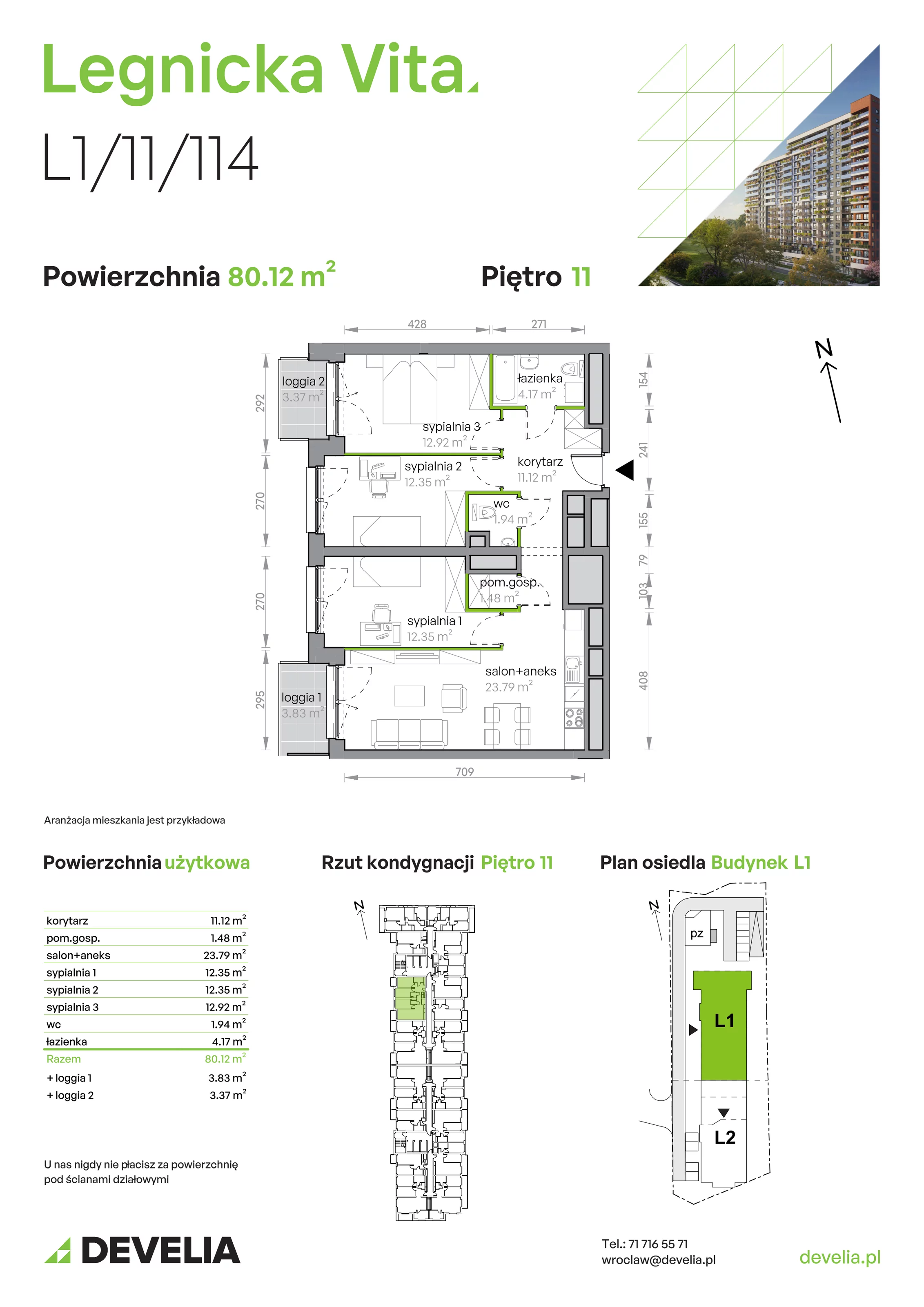 Mieszkanie 80,12 m², piętro 11, oferta nr L1/11/114, Legnicka Vita, Wrocław, Gądów-Popowice Południowe, Popowice, ul. Legnicka 52 A