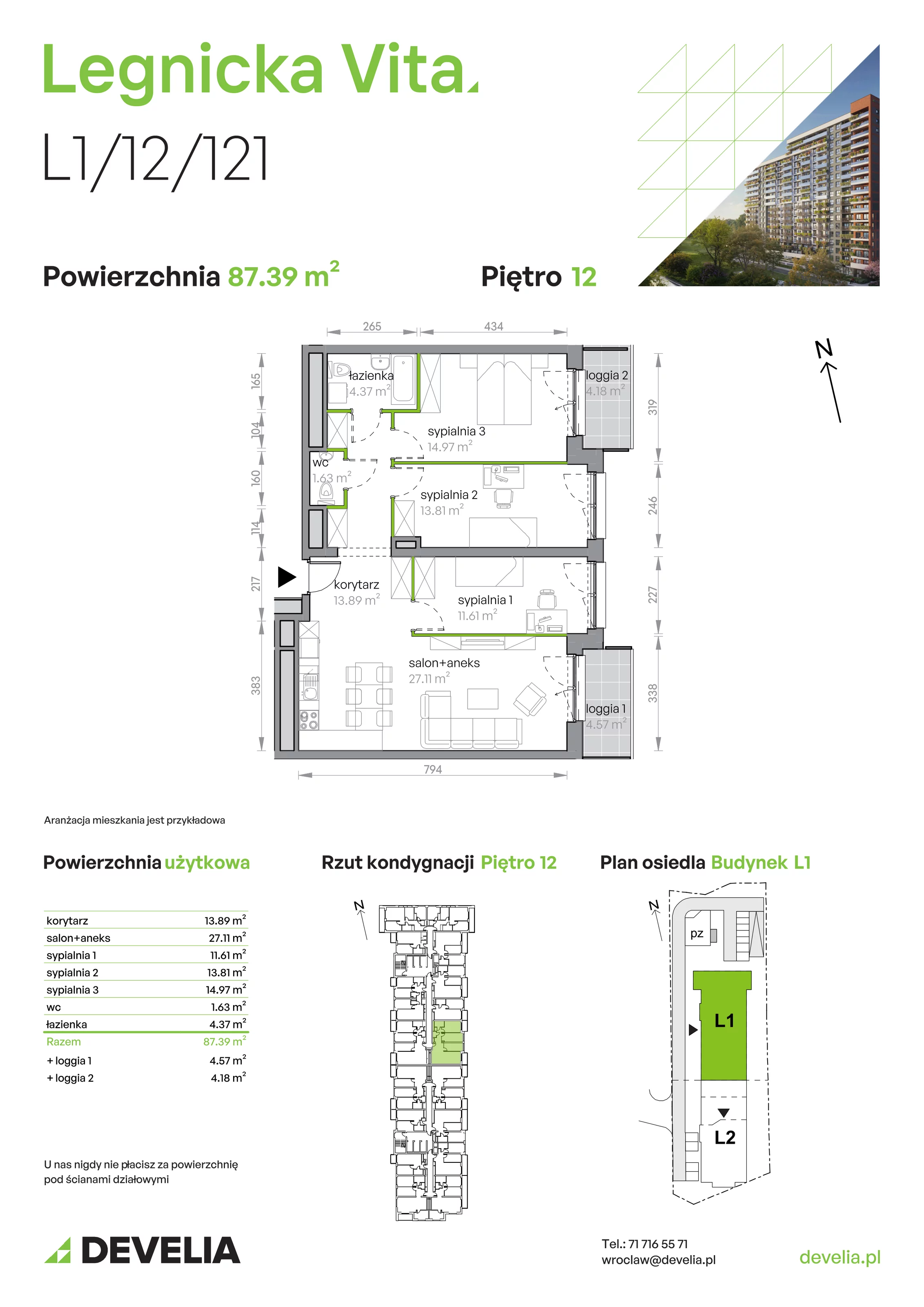 4 pokoje, mieszkanie 87,39 m², piętro 12, oferta nr L1/12/121, Legnicka Vita, Wrocław, Gądów-Popowice Południowe, Popowice, ul. Legnicka 52 A