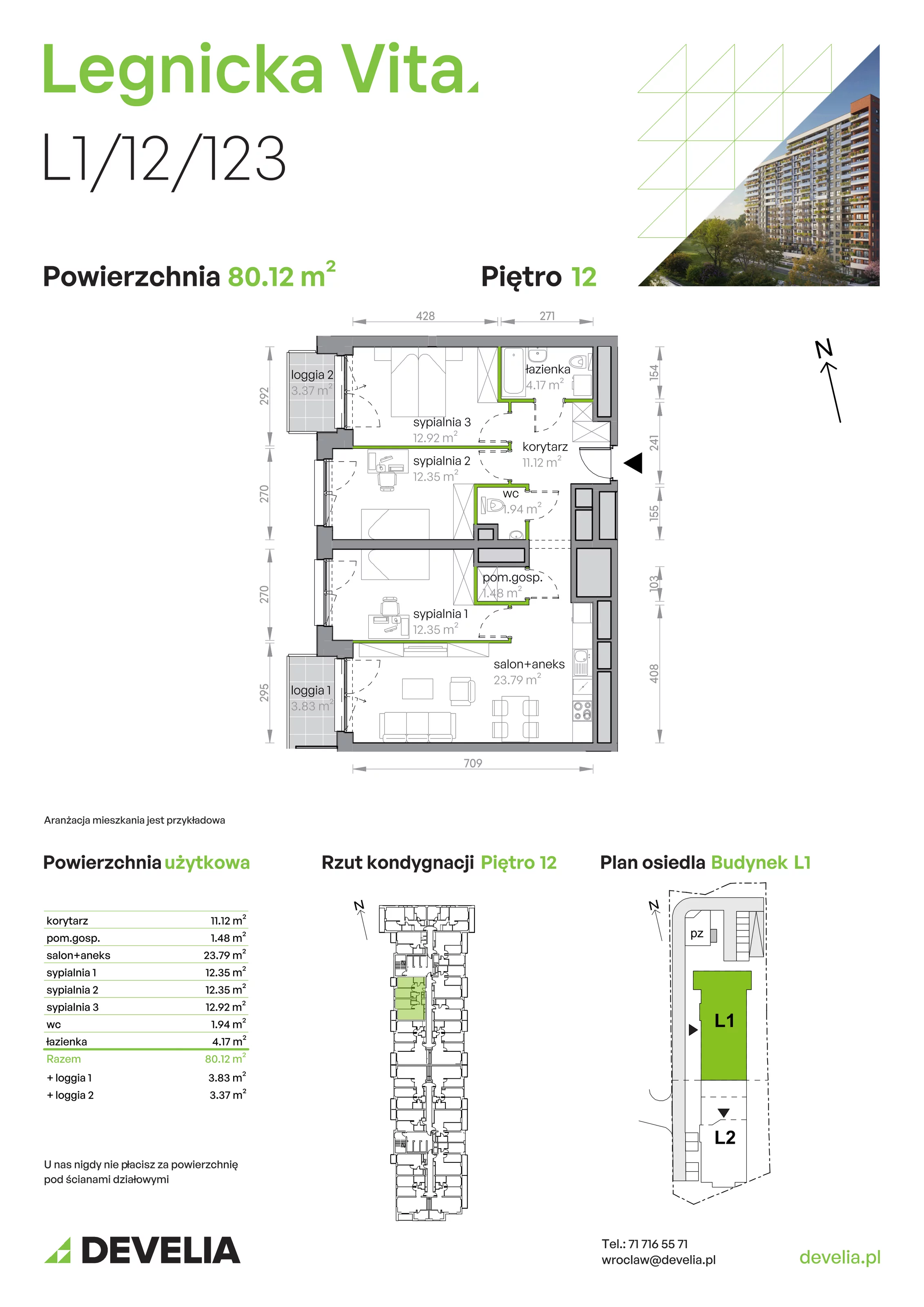 Mieszkanie 80,12 m², piętro 12, oferta nr L1/12/123, Legnicka Vita, Wrocław, Gądów-Popowice Południowe, Popowice, ul. Legnicka 52 A