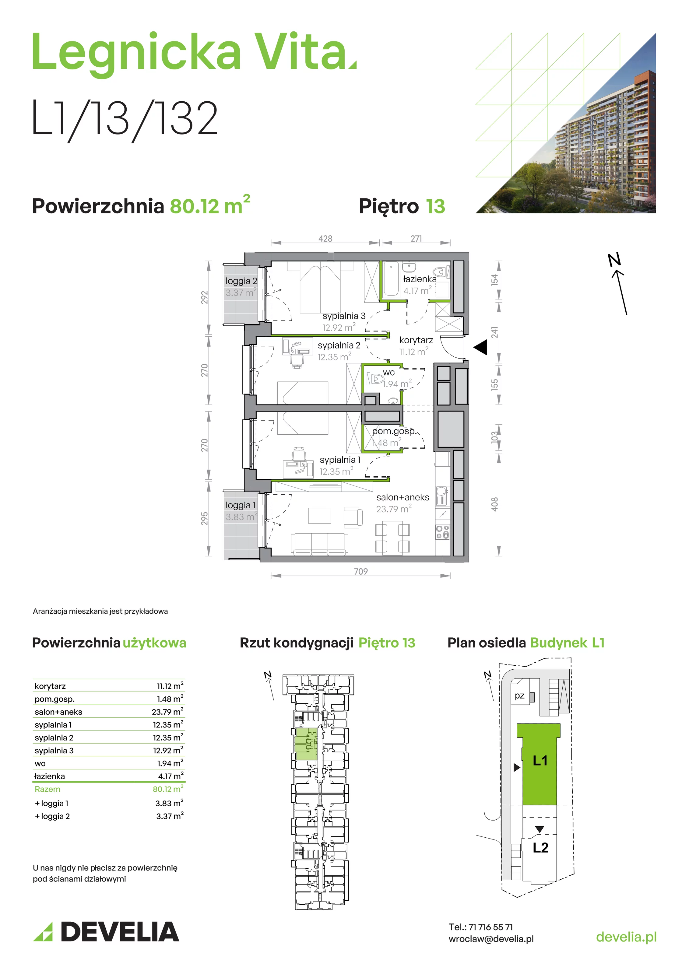 Mieszkanie 80,12 m², piętro 13, oferta nr L1/13/132, Legnicka Vita, Wrocław, Gądów-Popowice Południowe, Popowice, ul. Legnicka 52 A