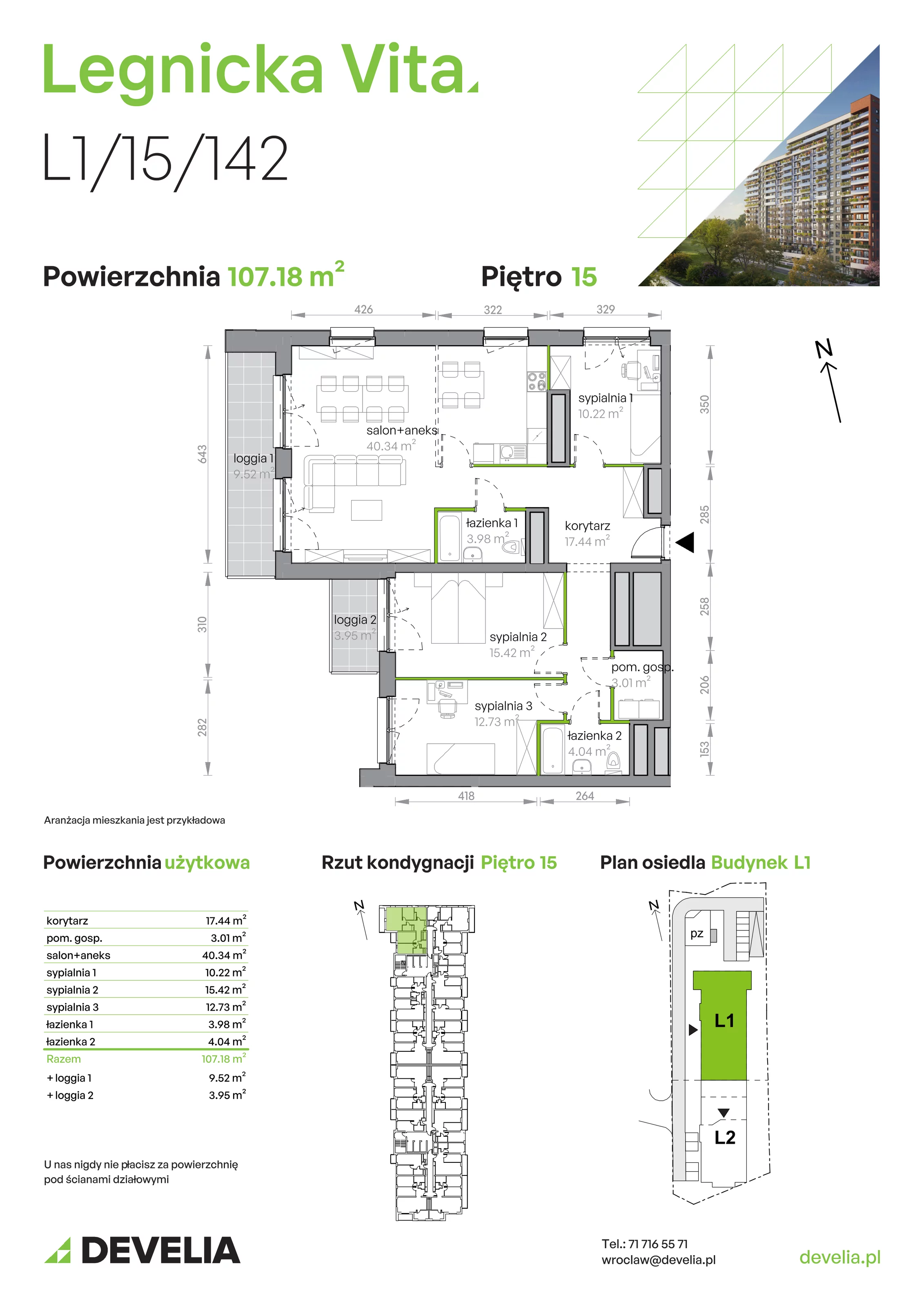 Mieszkanie 107,18 m², piętro 15, oferta nr L1/15/142, Legnicka Vita, Wrocław, Gądów-Popowice Południowe, Popowice, ul. Legnicka 52 A