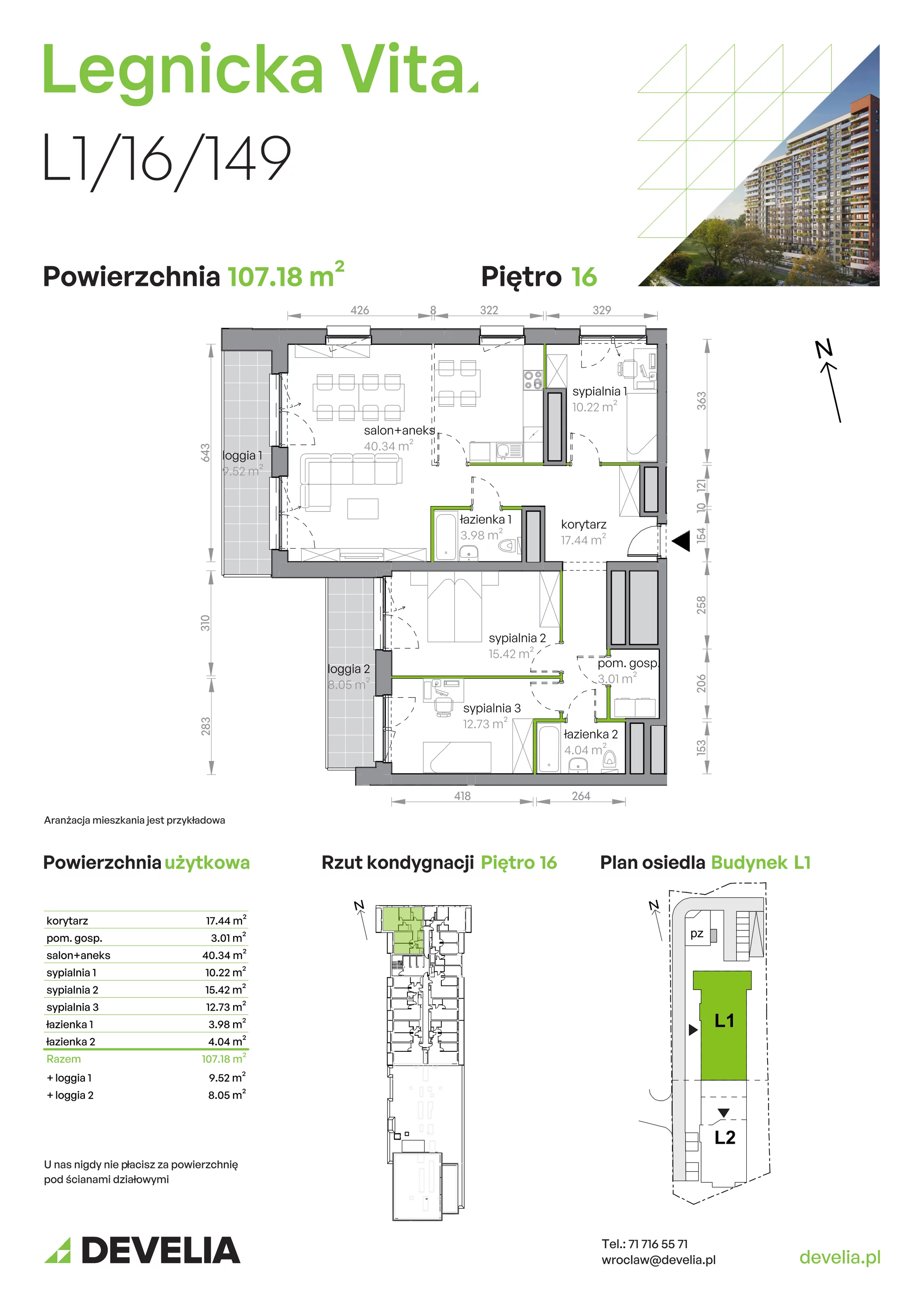 Mieszkanie 107,18 m², piętro 16, oferta nr L1/16/149, Legnicka Vita, Wrocław, Gądów-Popowice Południowe, Popowice, ul. Legnicka 52 A