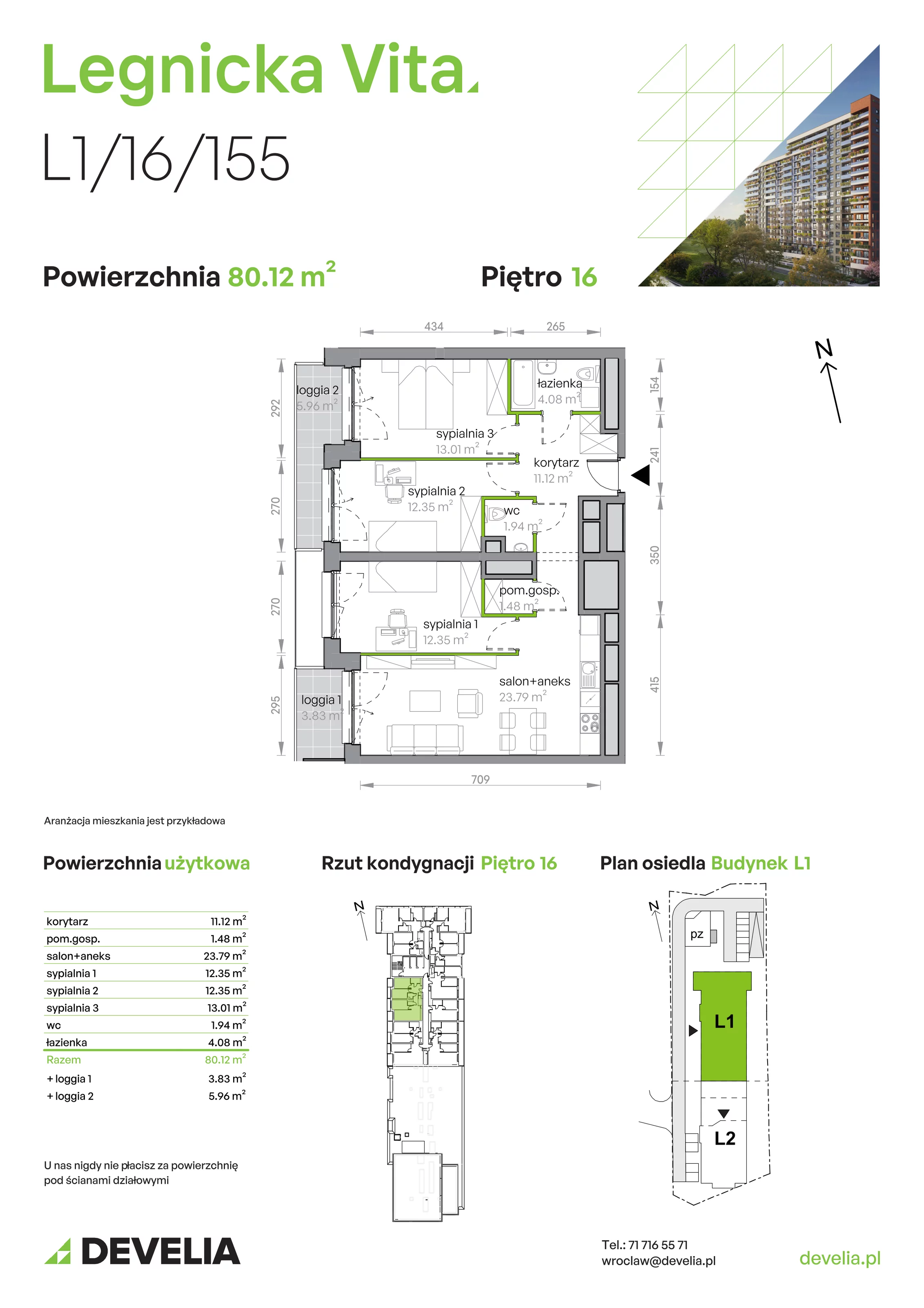 4 pokoje, mieszkanie 80,12 m², piętro 16, oferta nr L1/16/155, Legnicka Vita, Wrocław, Gądów-Popowice Południowe, Popowice, ul. Legnicka 52 A