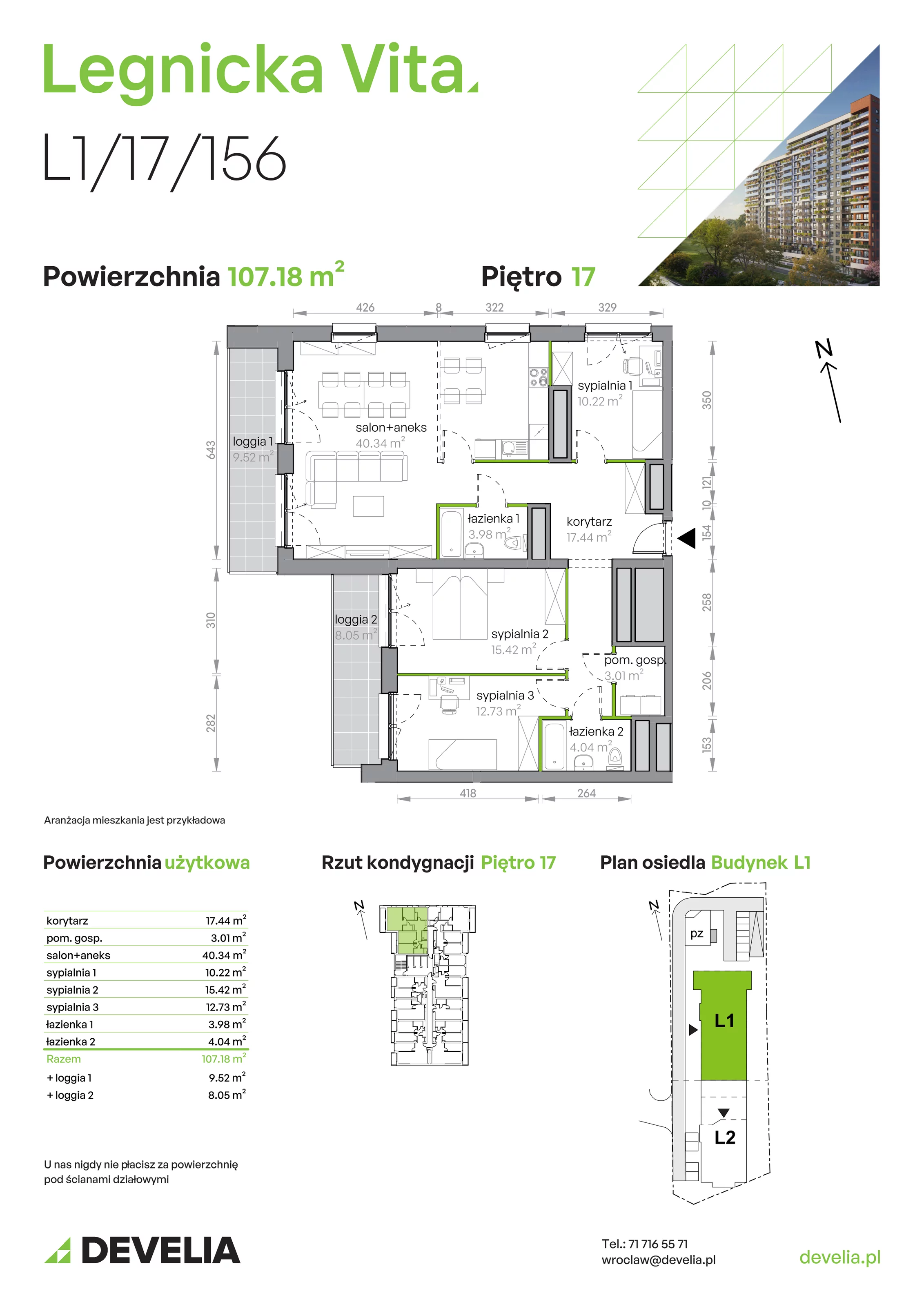 Mieszkanie 107,18 m², piętro 17, oferta nr L1/17/156, Legnicka Vita, Wrocław, Gądów-Popowice Południowe, Popowice, ul. Legnicka 52 A-idx