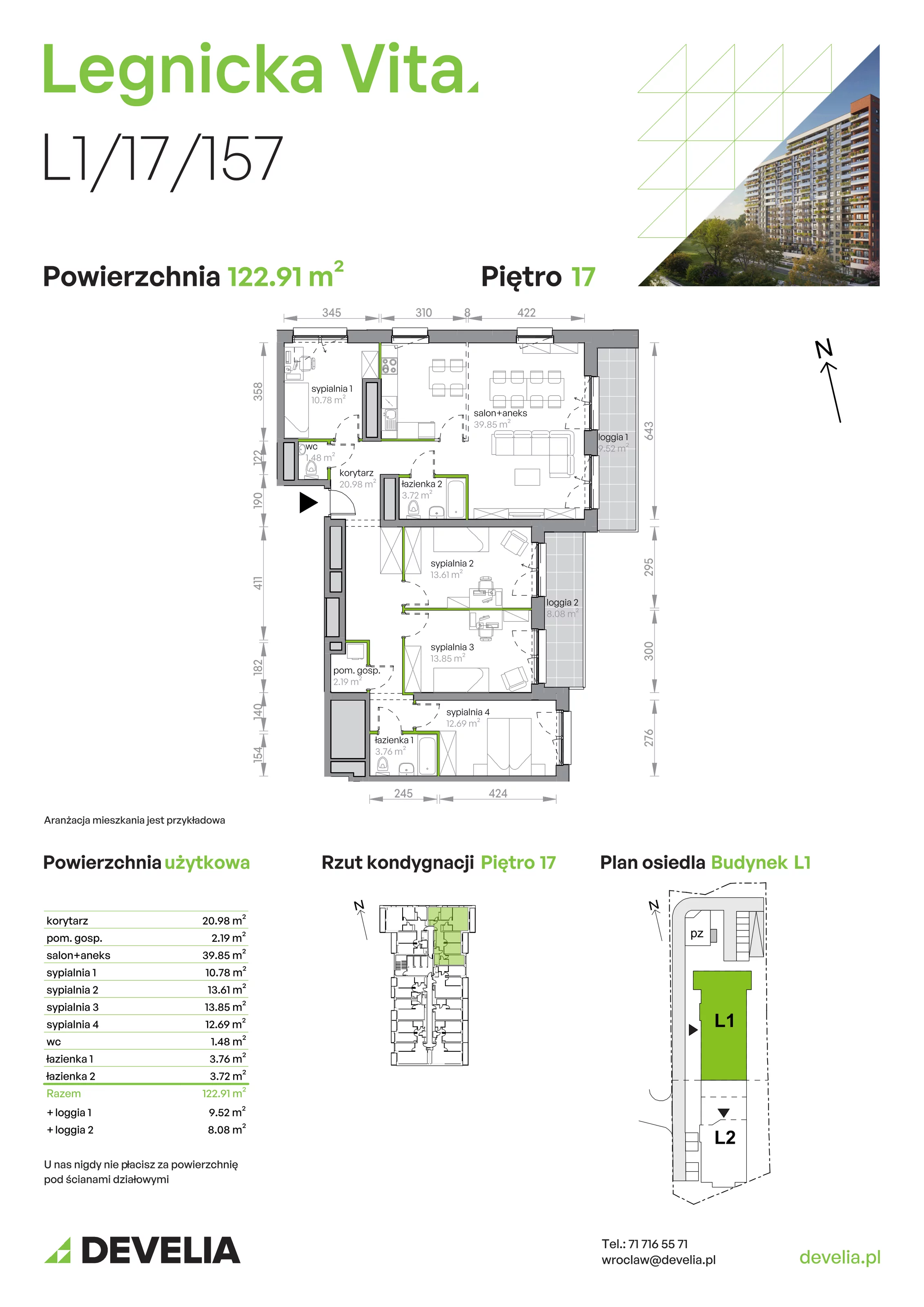 Mieszkanie 122,91 m², piętro 17, oferta nr L1/17/157, Legnicka Vita, Wrocław, Gądów-Popowice Południowe, Popowice, ul. Legnicka 52 A