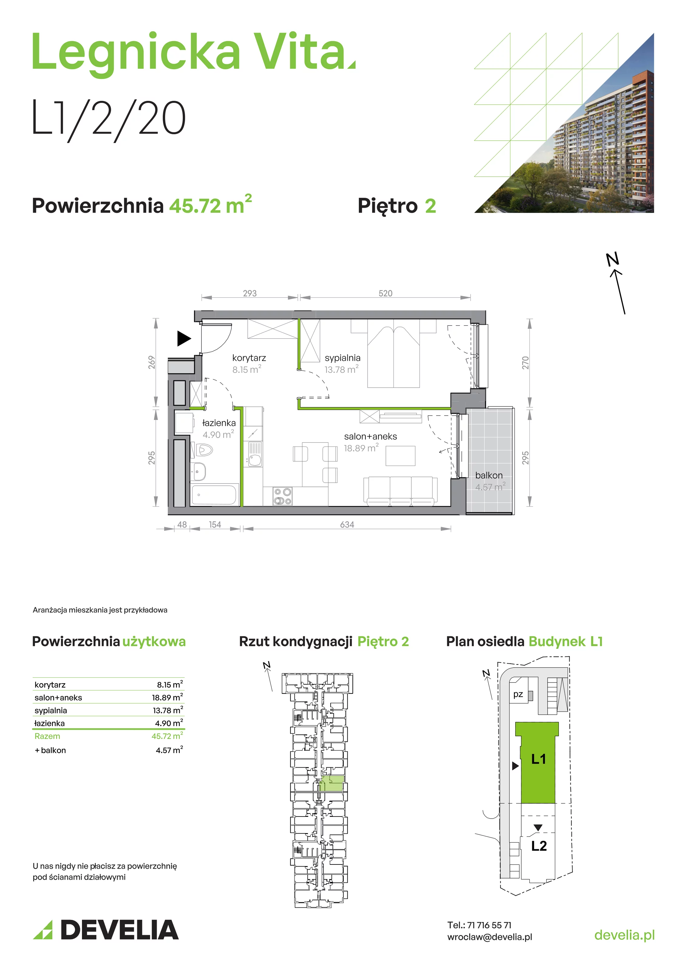 Mieszkanie 45,72 m², piętro 2, oferta nr L1/2/20, Legnicka Vita, Wrocław, Gądów-Popowice Południowe, Popowice, ul. Legnicka 52 A