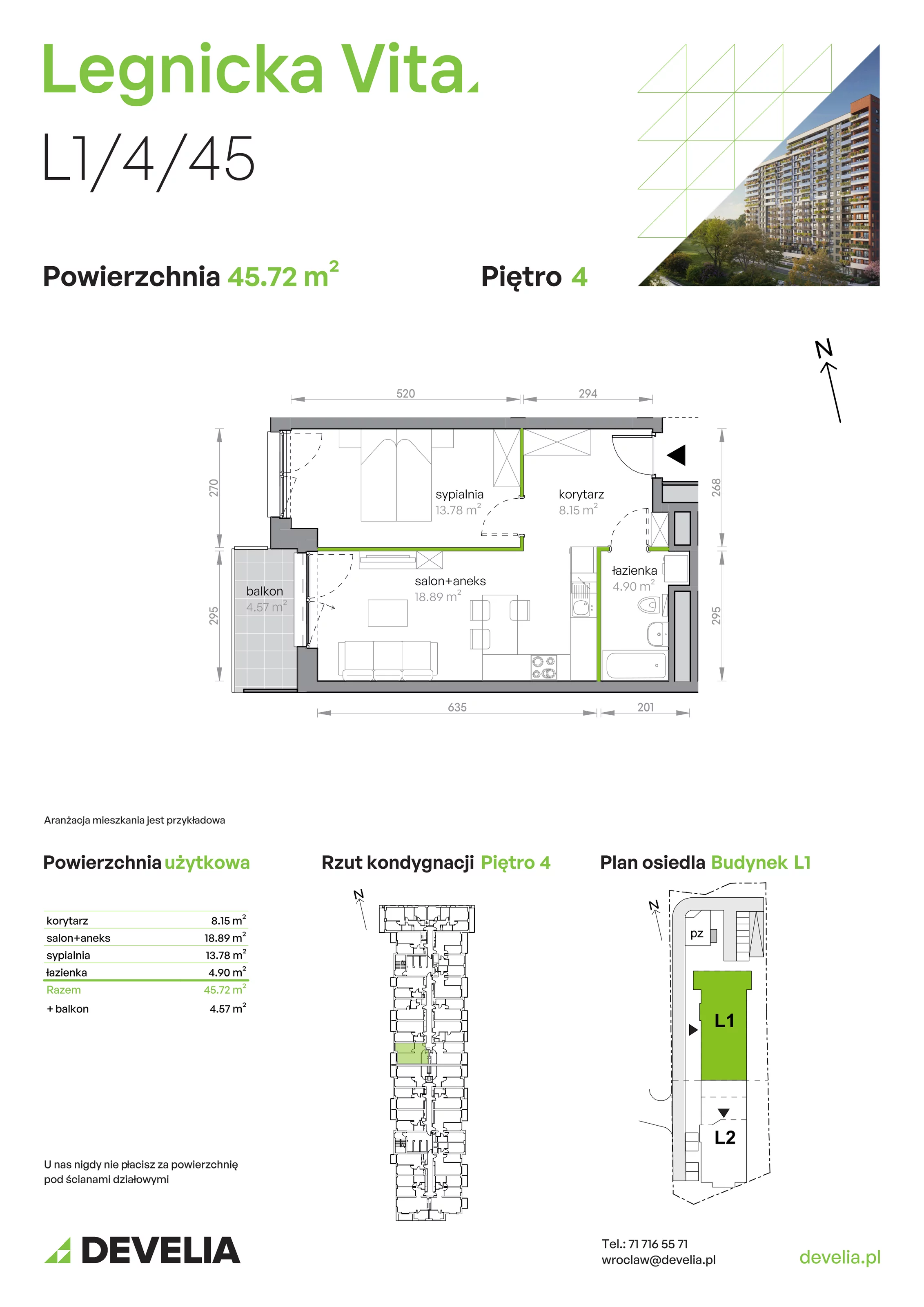 Mieszkanie 45,72 m², piętro 4, oferta nr L1/4/45, Legnicka Vita, Wrocław, Gądów-Popowice Południowe, Popowice, ul. Legnicka 52 A