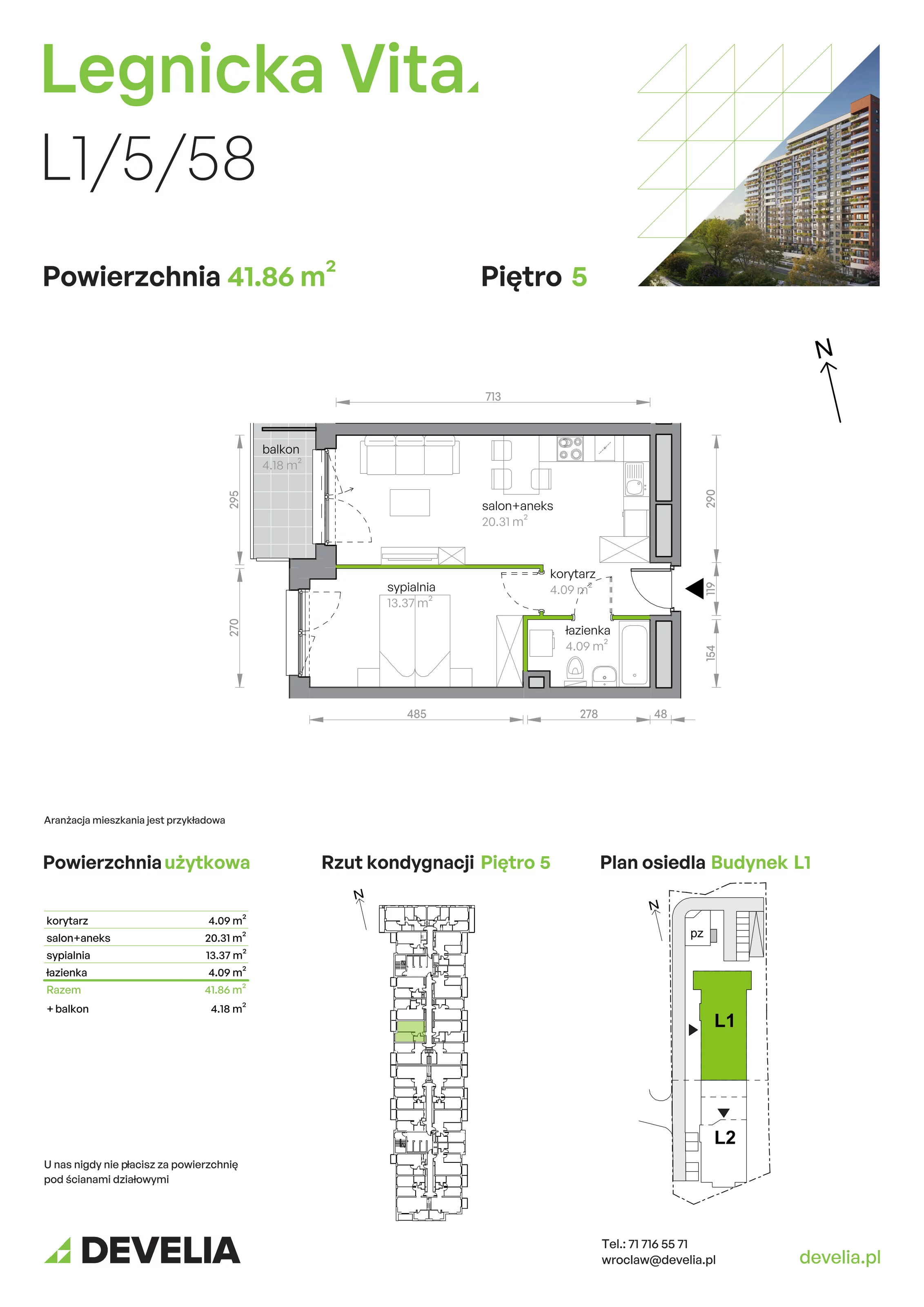 Mieszkanie 41,86 m², piętro 5, oferta nr L1/5/58, Legnicka Vita, Wrocław, Gądów-Popowice Południowe, Popowice, ul. Legnicka 52 A