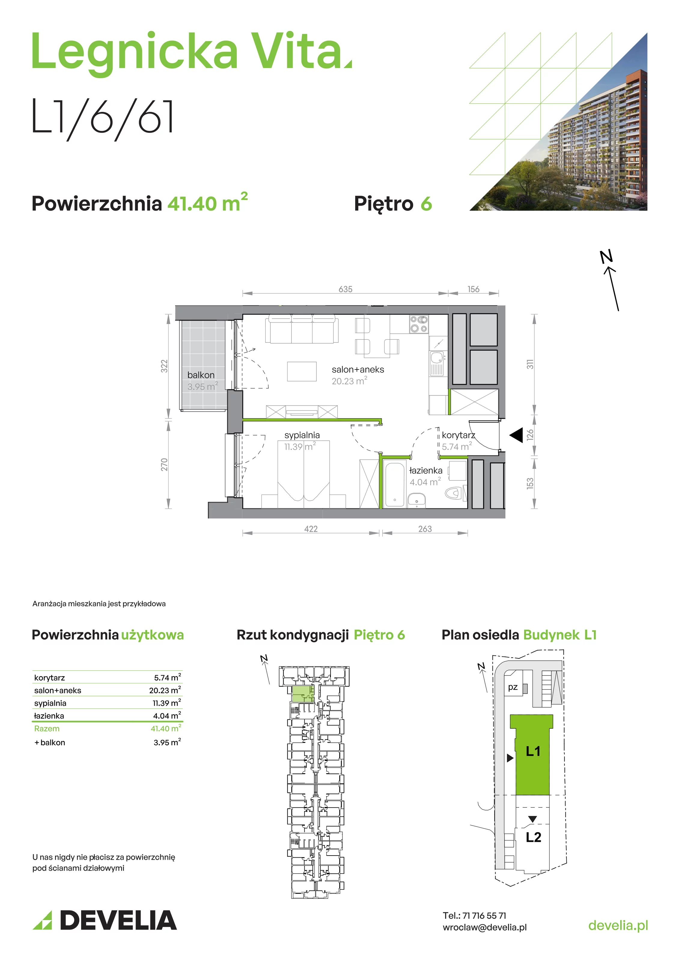 Mieszkanie 41,40 m², piętro 6, oferta nr L1/6/61, Legnicka Vita, Wrocław, Gądów-Popowice Południowe, Popowice, ul. Legnicka 52 A