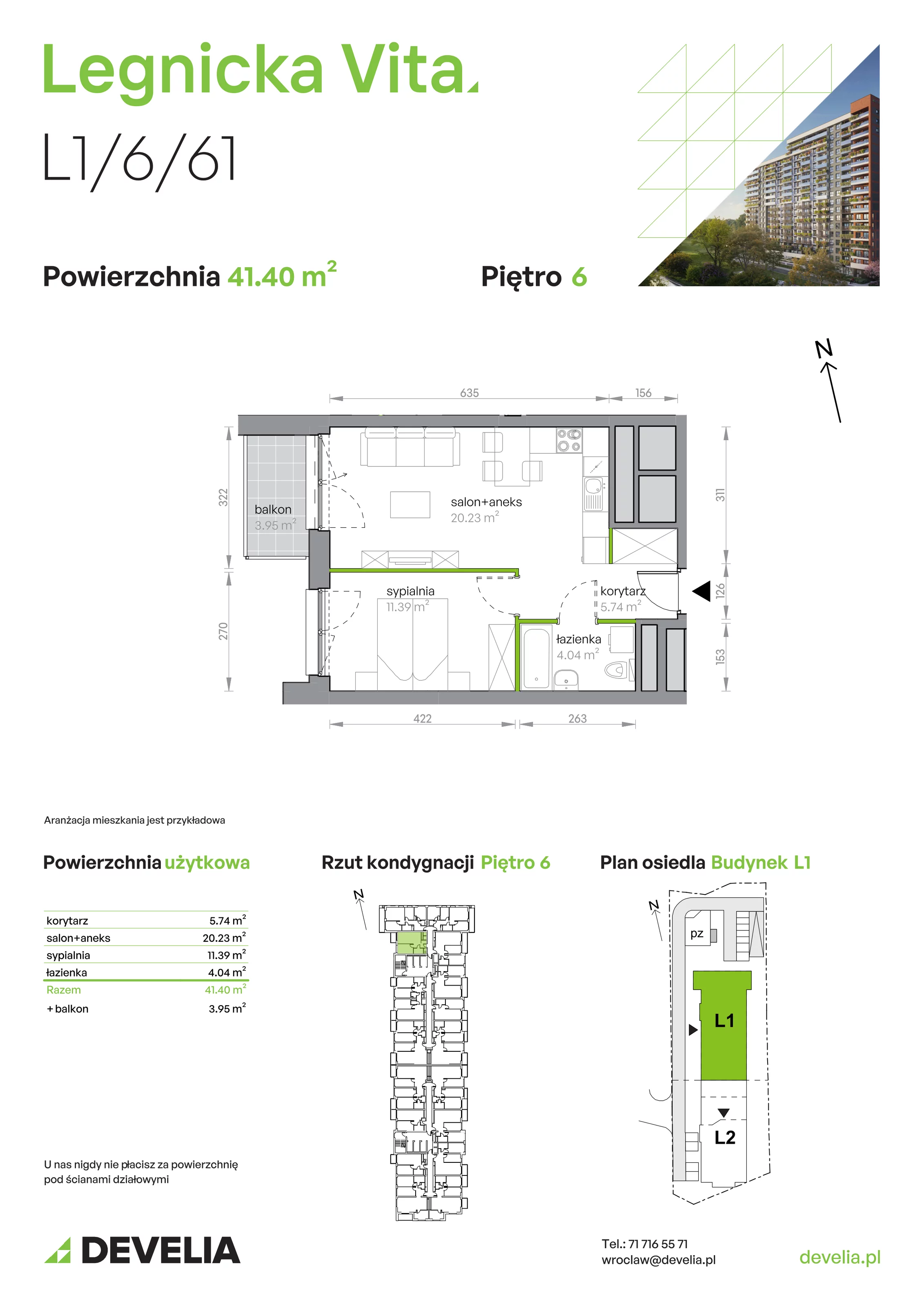 2 pokoje, mieszkanie 41,40 m², piętro 6, oferta nr L1/6/61, Legnicka Vita, Wrocław, Gądów-Popowice Południowe, Popowice, ul. Legnicka 52 A