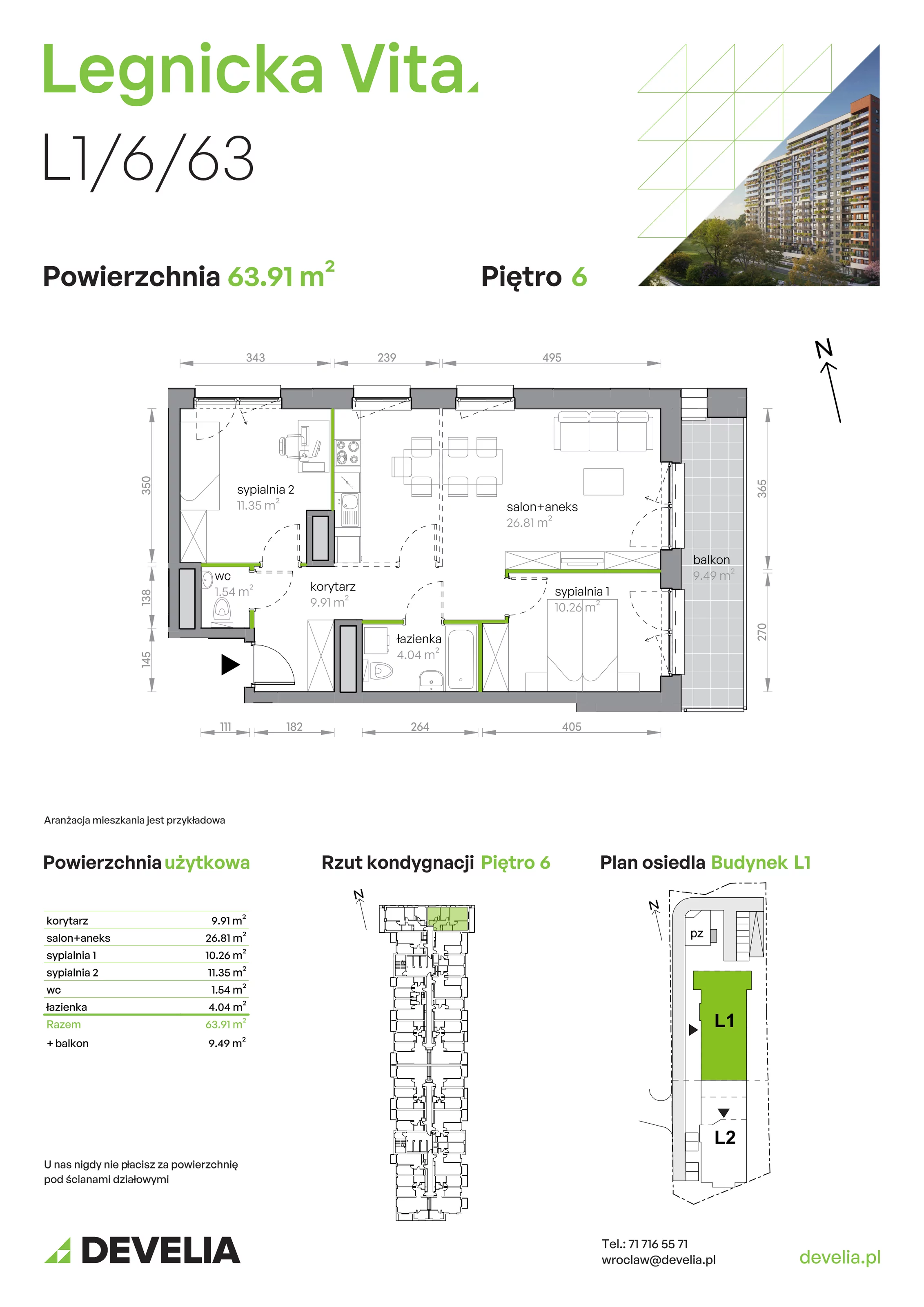 Mieszkanie 63,91 m², piętro 6, oferta nr L1/6/63, Legnicka Vita, Wrocław, Gądów-Popowice Południowe, Popowice, ul. Legnicka 52 A