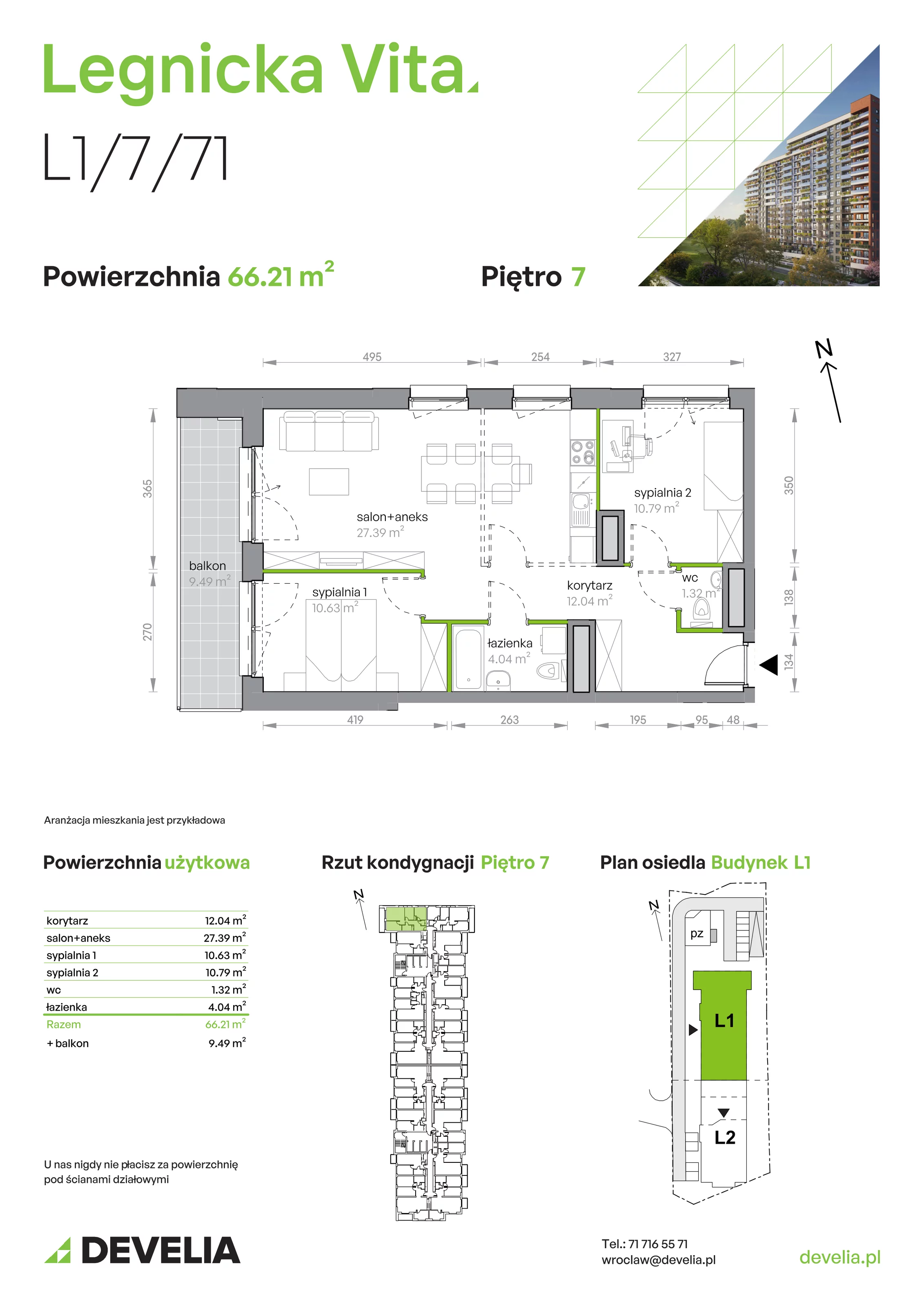 3 pokoje, mieszkanie 66,21 m², piętro 7, oferta nr L1/7/71, Legnicka Vita, Wrocław, Gądów-Popowice Południowe, Popowice, ul. Legnicka 52 A