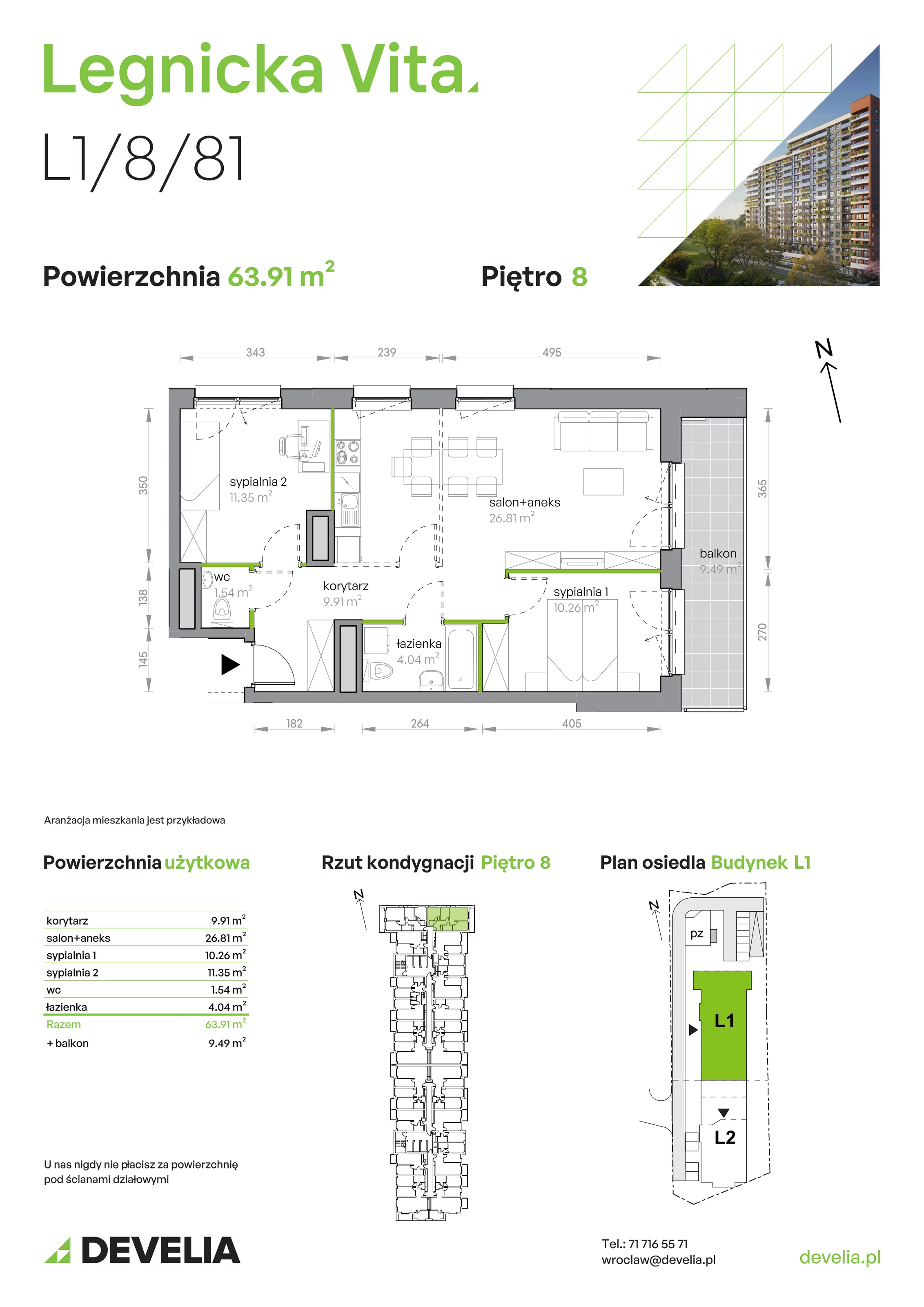 Mieszkanie 63,91 m², piętro 8, oferta nr L1/8/81, Legnicka Vita, Wrocław, Gądów-Popowice Południowe, Popowice, ul. Legnicka 52 A