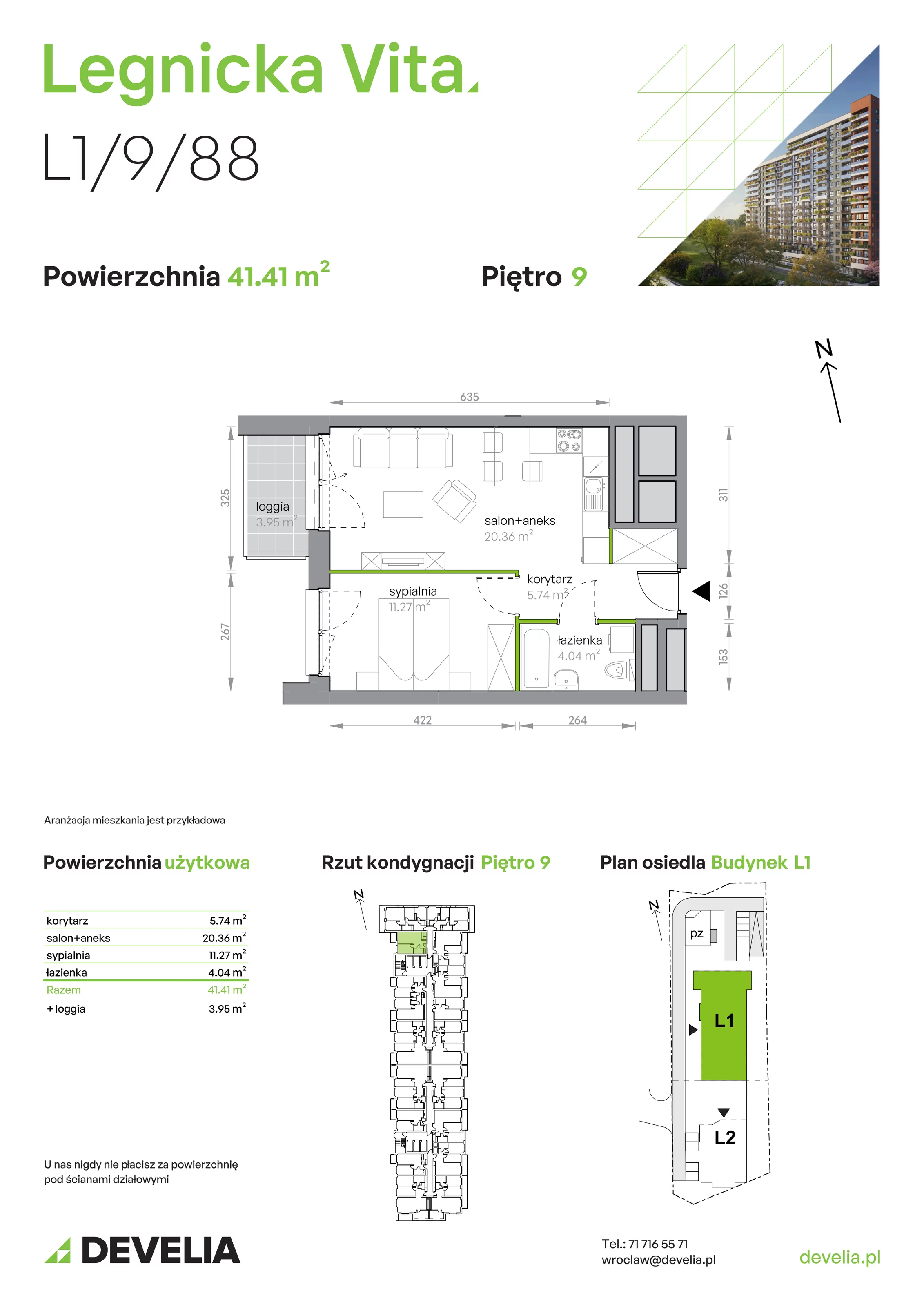 Mieszkanie 41,41 m², piętro 9, oferta nr L1/9/88, Legnicka Vita, Wrocław, Gądów-Popowice Południowe, Popowice, ul. Legnicka 52 A