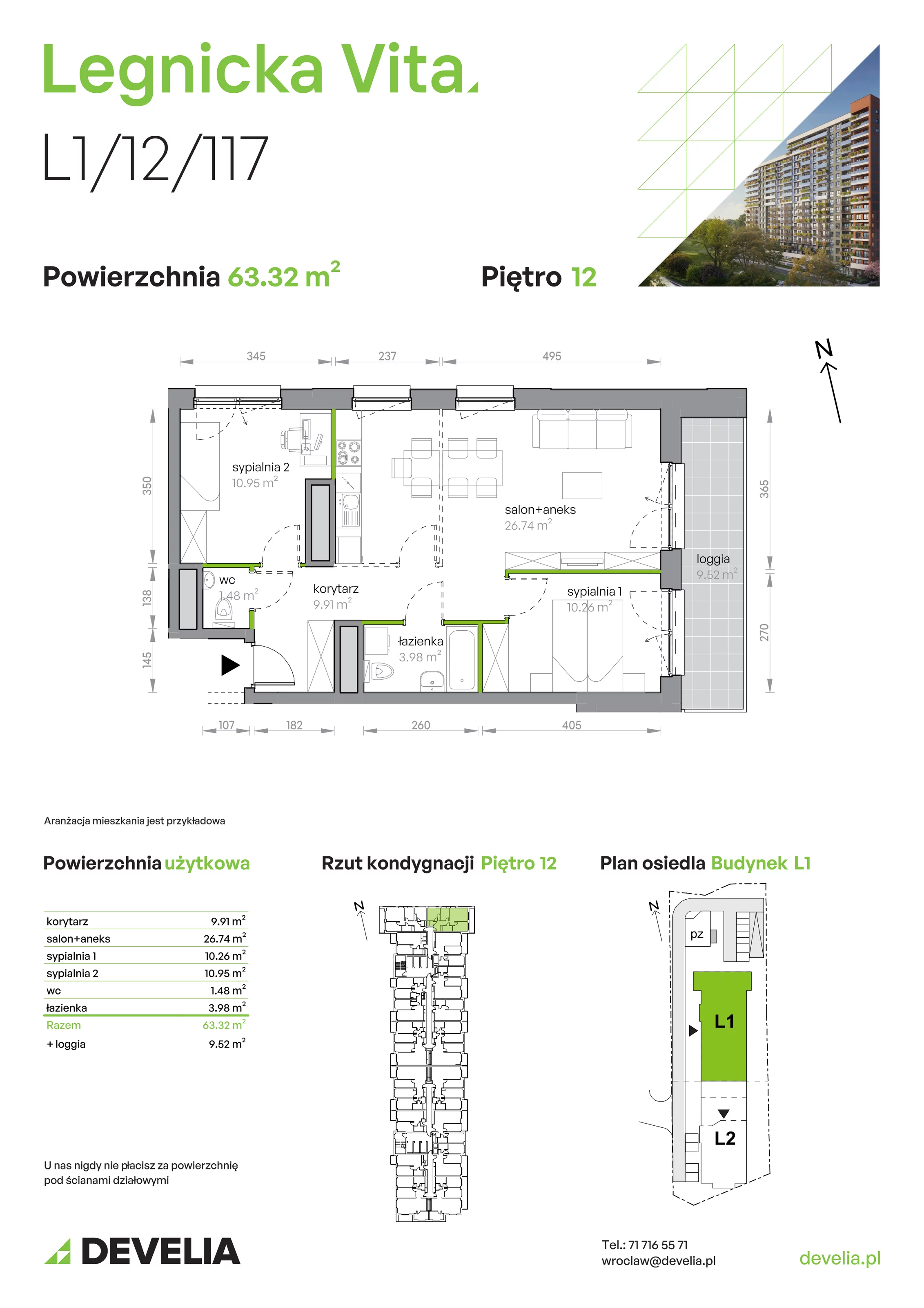 3 pokoje, mieszkanie 63,32 m², piętro 12, oferta nr L1/12/117, Legnicka Vita, Wrocław, Gądów-Popowice Południowe, Popowice, ul. Legnicka 52 A