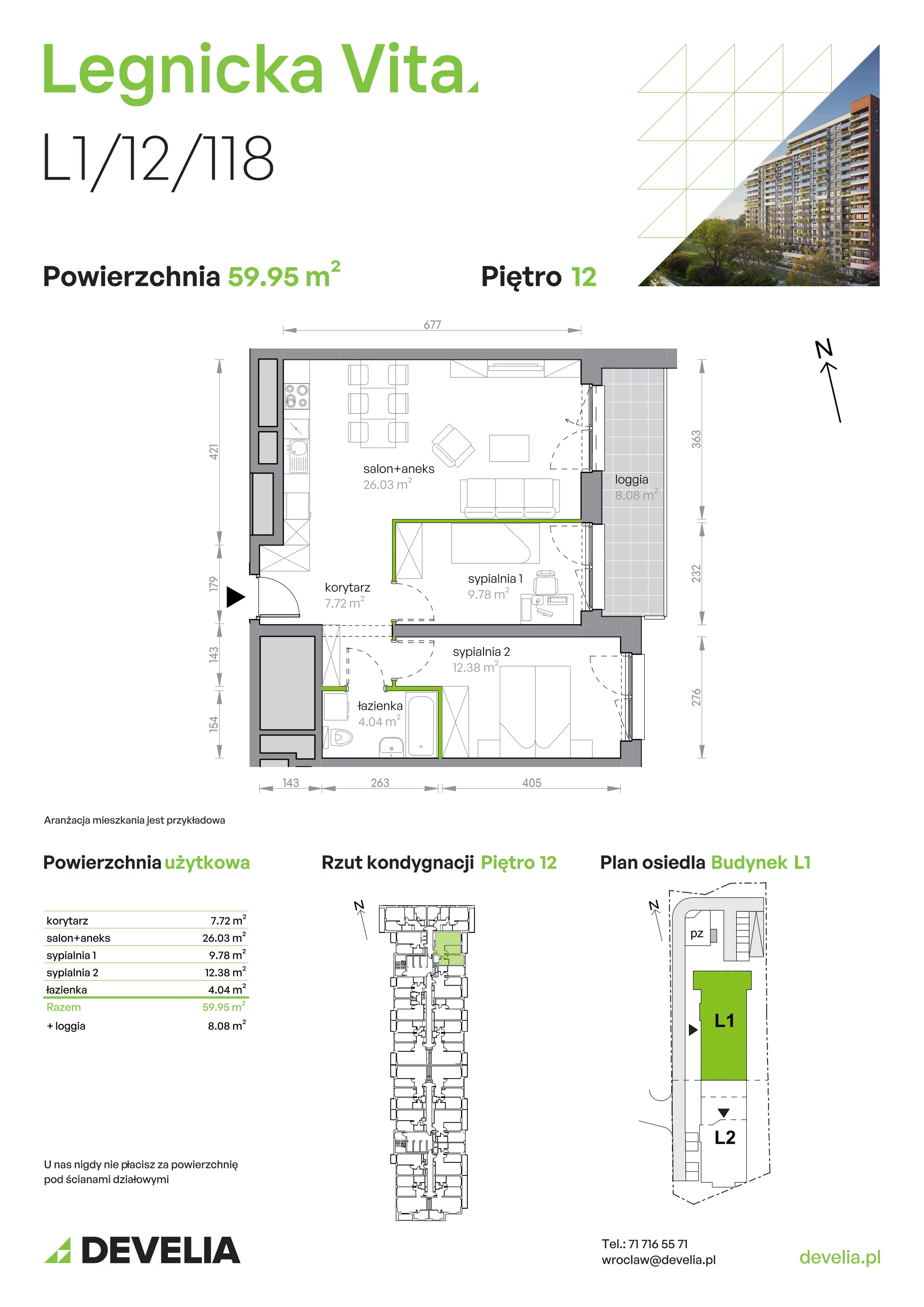 3 pokoje, mieszkanie 59,95 m², piętro 12, oferta nr L1/12/118, Legnicka Vita, Wrocław, Gądów-Popowice Południowe, Popowice, ul. Legnicka 52 A