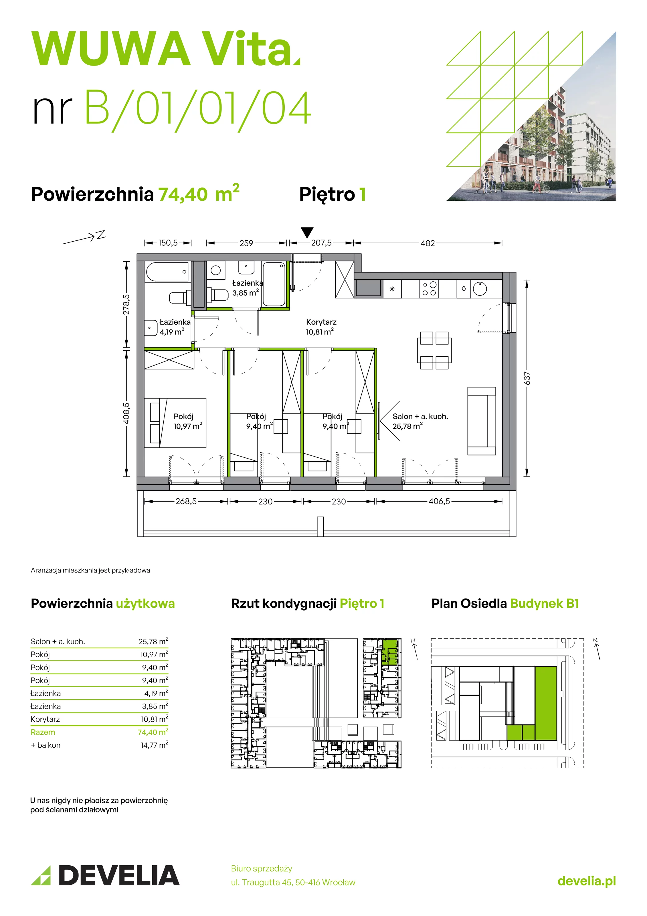 4 pokoje, mieszkanie 74,40 m², piętro 1, oferta nr B.01.01.04, WUWA Vita, Wrocław, Żerniki, Fabryczna, ul. Tadeusza Brzozy