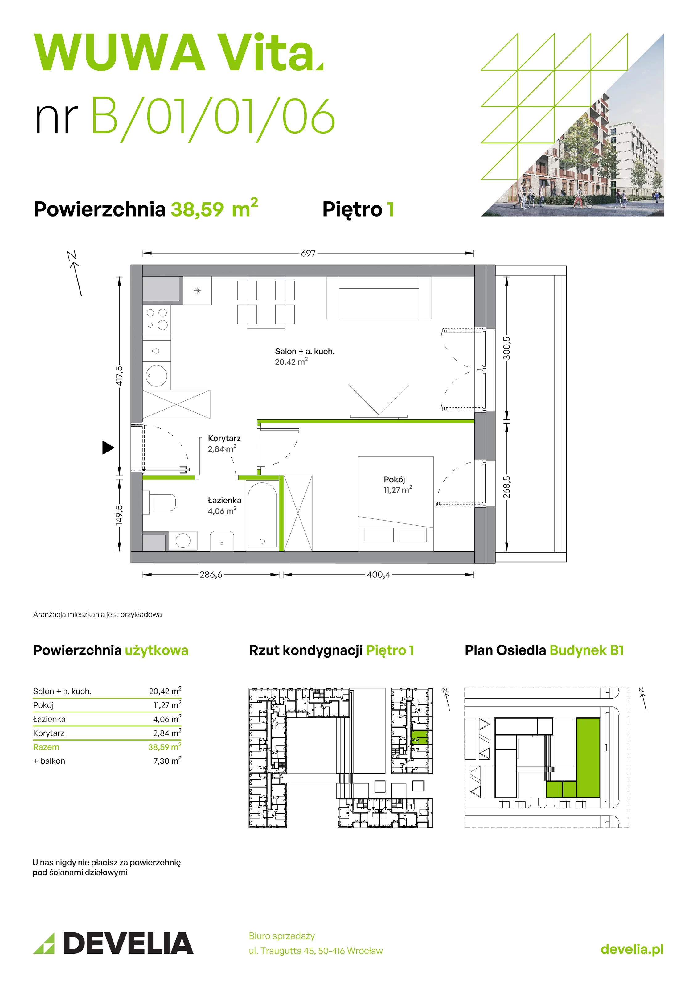 Mieszkanie 38,59 m², piętro 1, oferta nr B.01.01.06, WUWA Vita, Wrocław, Żerniki, Fabryczna, ul. Tadeusza Brzozy