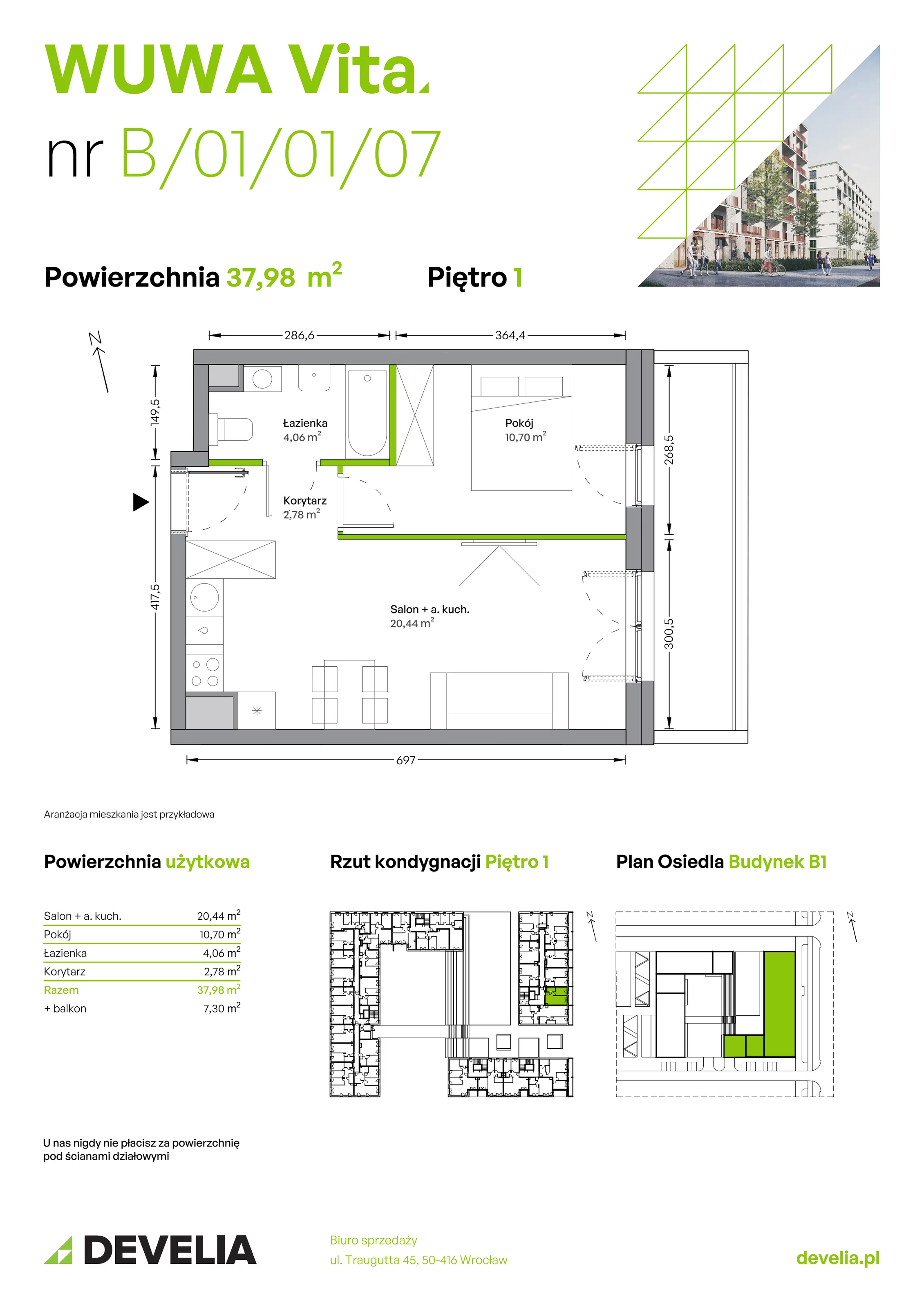 Mieszkanie 37,98 m², piętro 1, oferta nr B.01.01.07, WUWA Vita, Wrocław, Żerniki, Fabryczna, ul. Tadeusza Brzozy