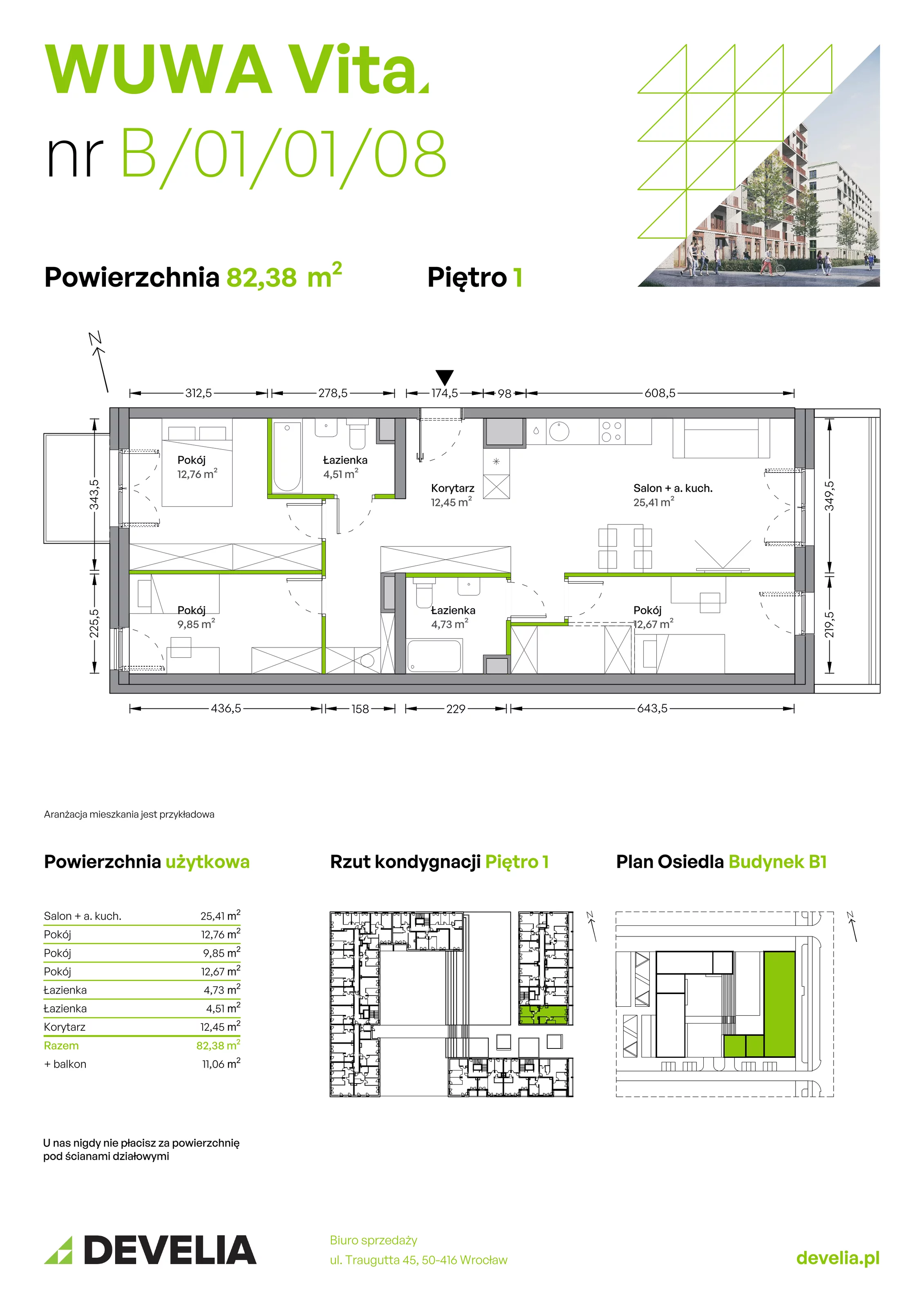 4 pokoje, mieszkanie 82,38 m², piętro 1, oferta nr B.01.01.08, WUWA Vita, Wrocław, Żerniki, Fabryczna, ul. Tadeusza Brzozy