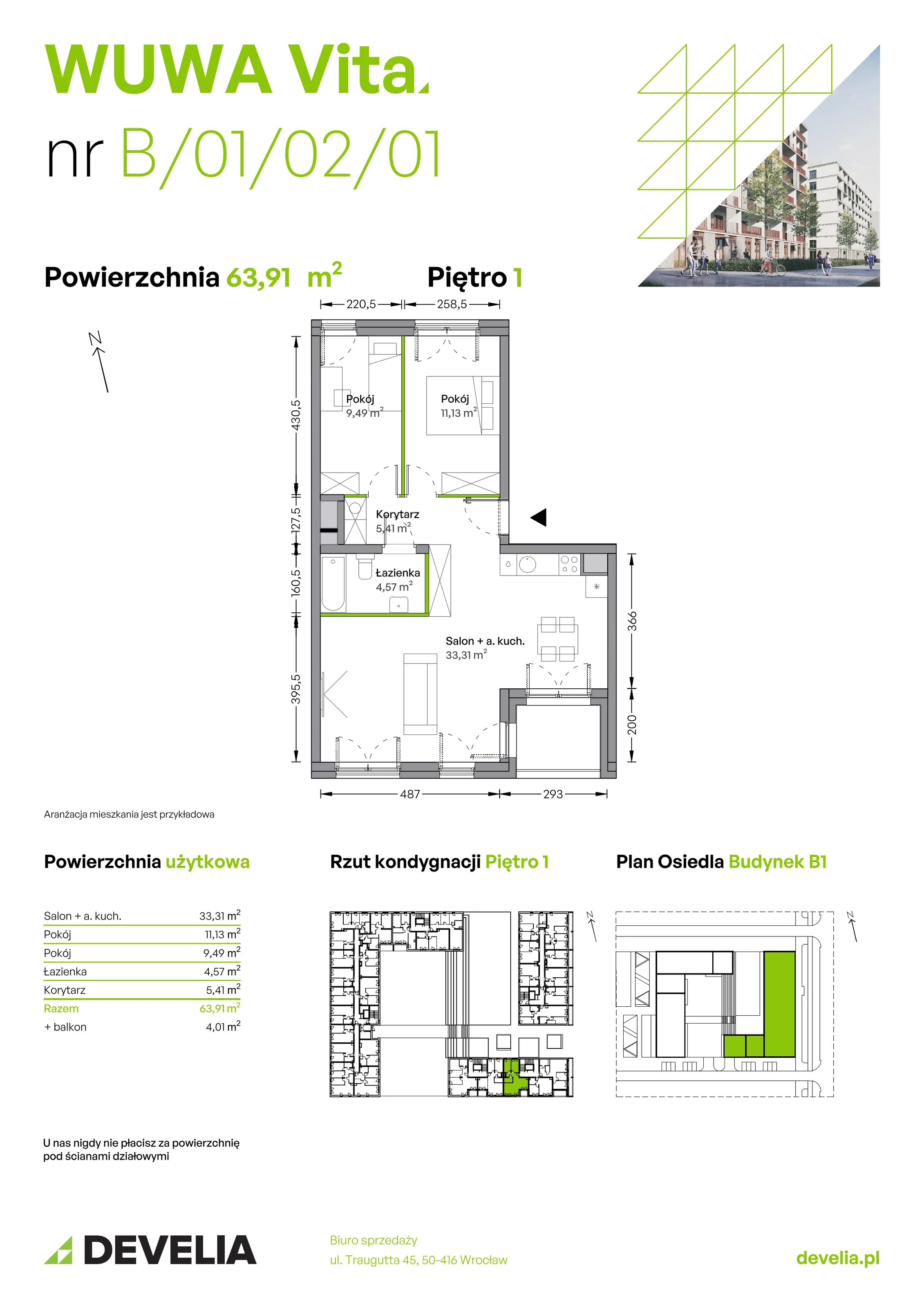 3 pokoje, mieszkanie 63,91 m², piętro 1, oferta nr B.01.02.01, WUWA Vita, Wrocław, Żerniki, Fabryczna, ul. Tadeusza Brzozy