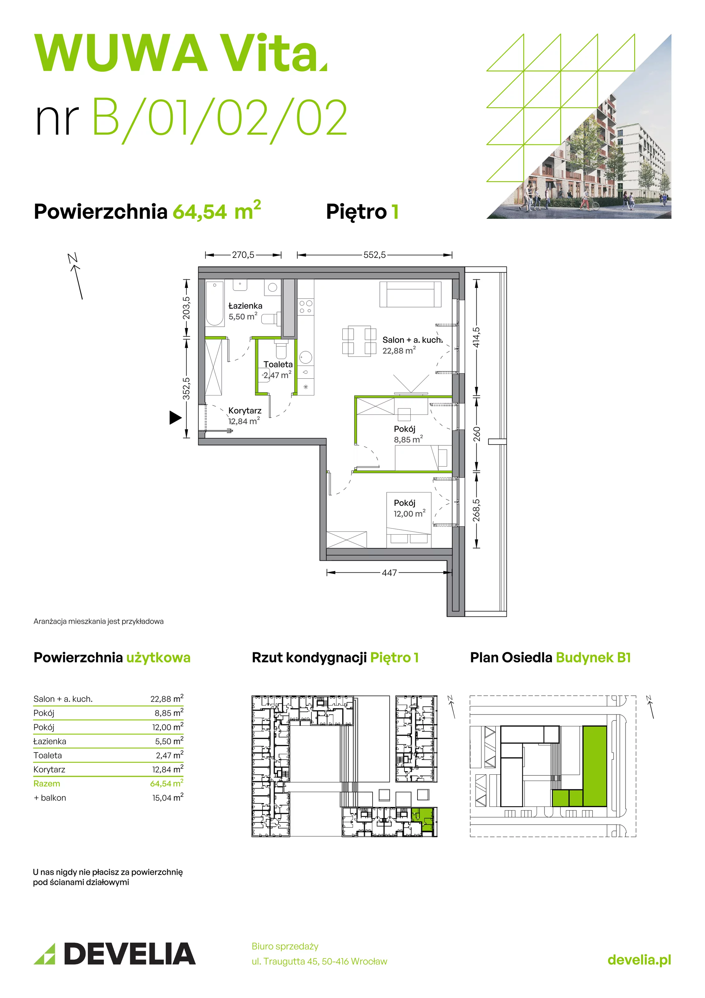 3 pokoje, mieszkanie 64,54 m², piętro 1, oferta nr B.01.02.02, WUWA Vita, Wrocław, Żerniki, Fabryczna, ul. Tadeusza Brzozy