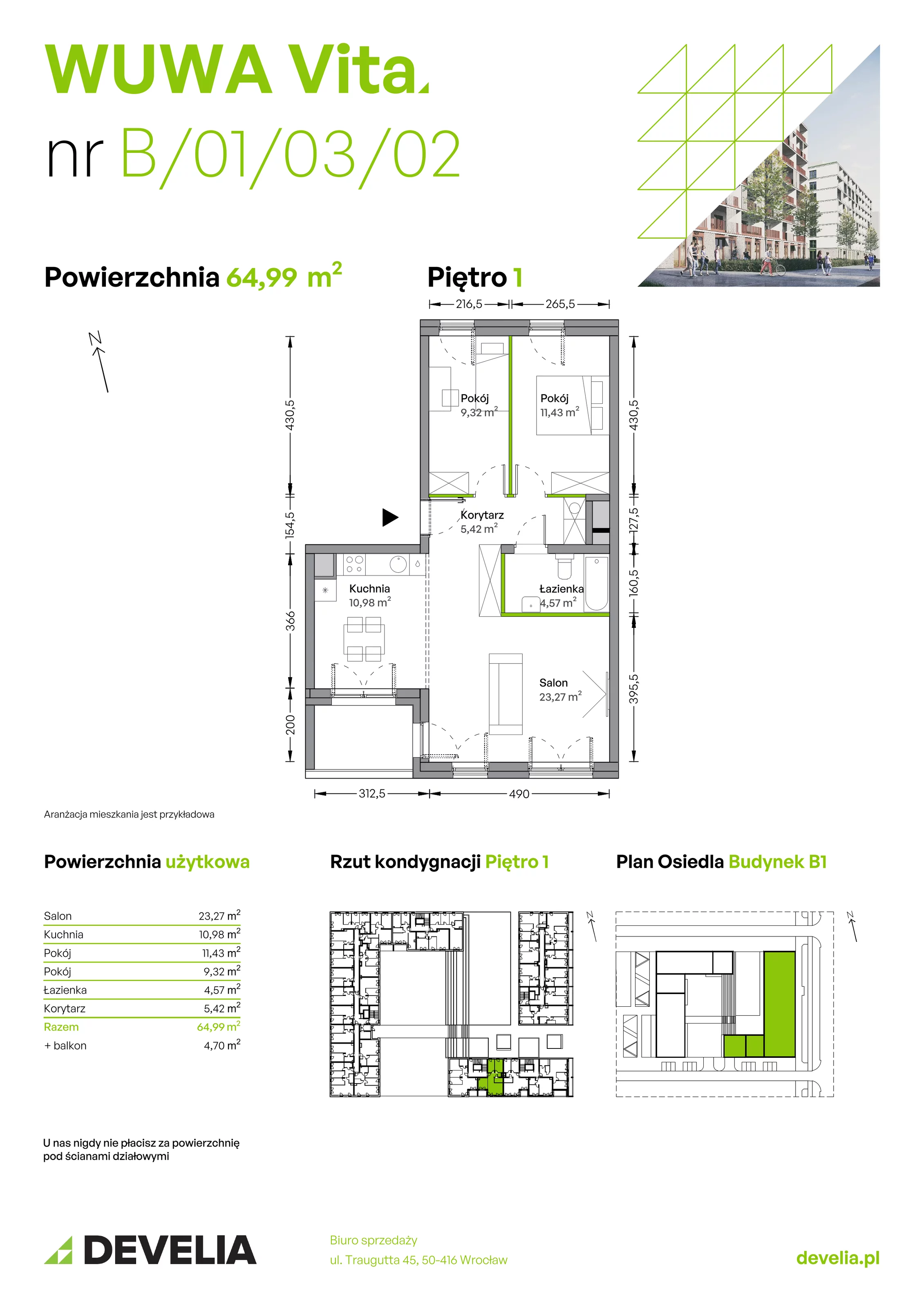 3 pokoje, mieszkanie 64,99 m², piętro 1, oferta nr B.01.03.02, WUWA Vita, Wrocław, Żerniki, Fabryczna, ul. Tadeusza Brzozy