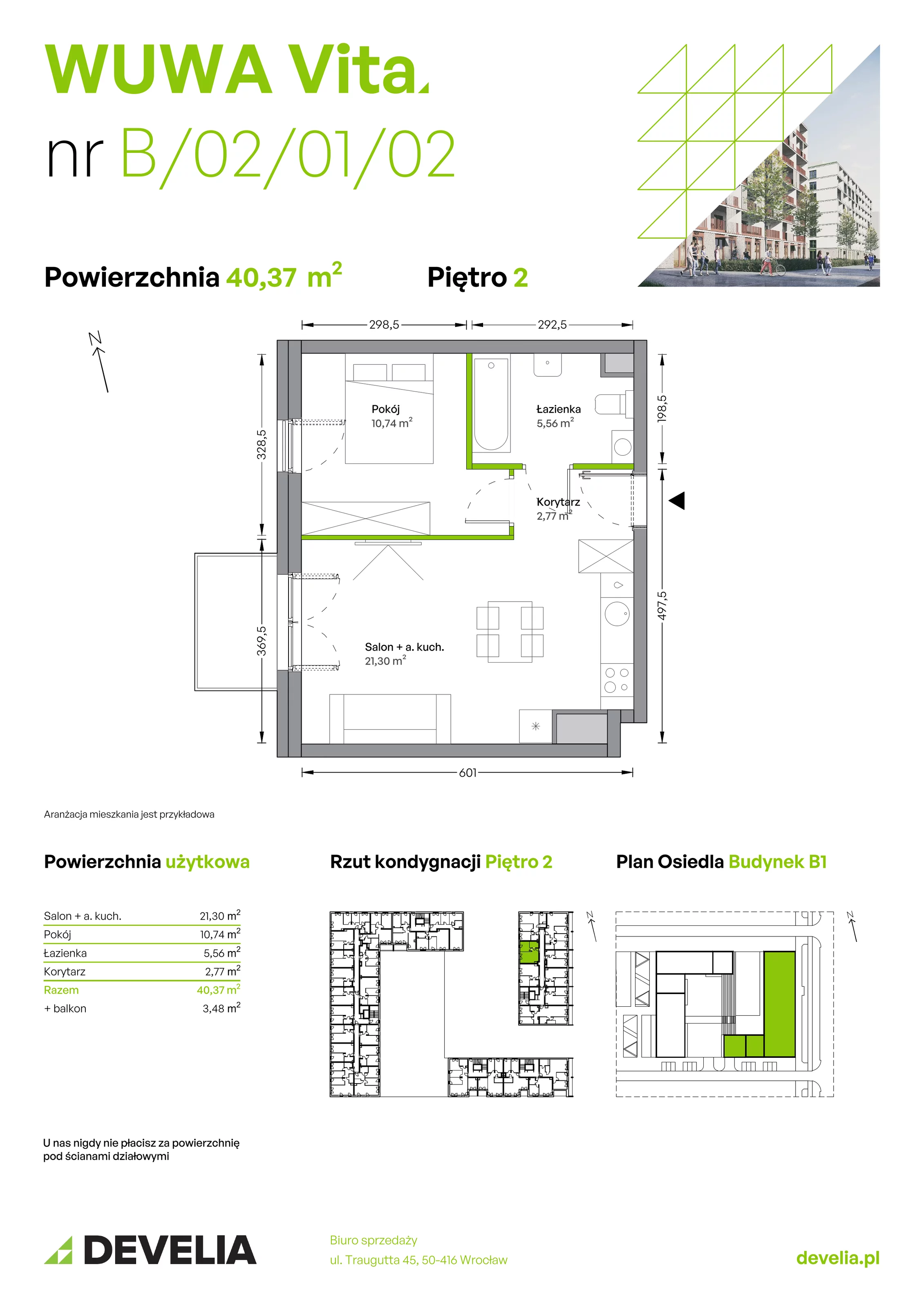 Mieszkanie 40,37 m², piętro 2, oferta nr B.02.01.02, WUWA Vita, Wrocław, Żerniki, Fabryczna, ul. Tadeusza Brzozy