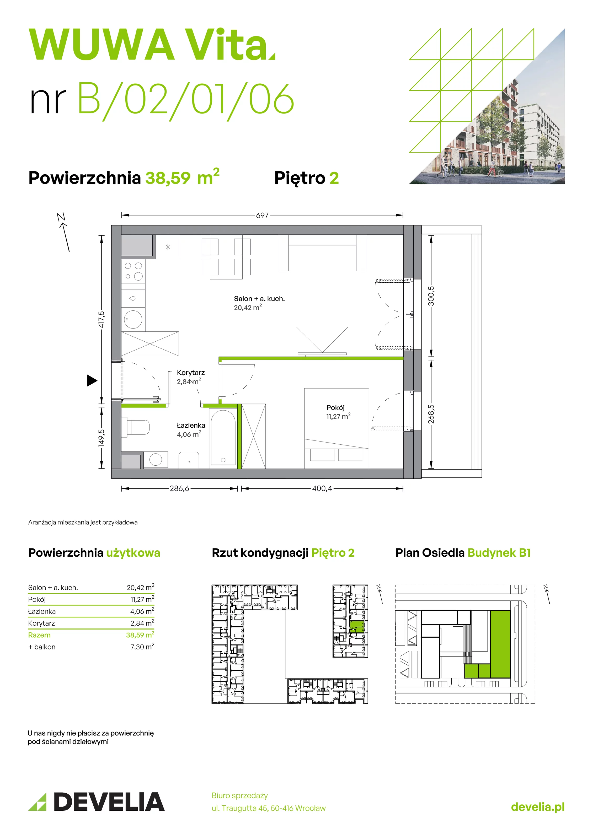 Mieszkanie 38,59 m², piętro 2, oferta nr B.02.01.06, WUWA Vita, Wrocław, Żerniki, Fabryczna, ul. Tadeusza Brzozy