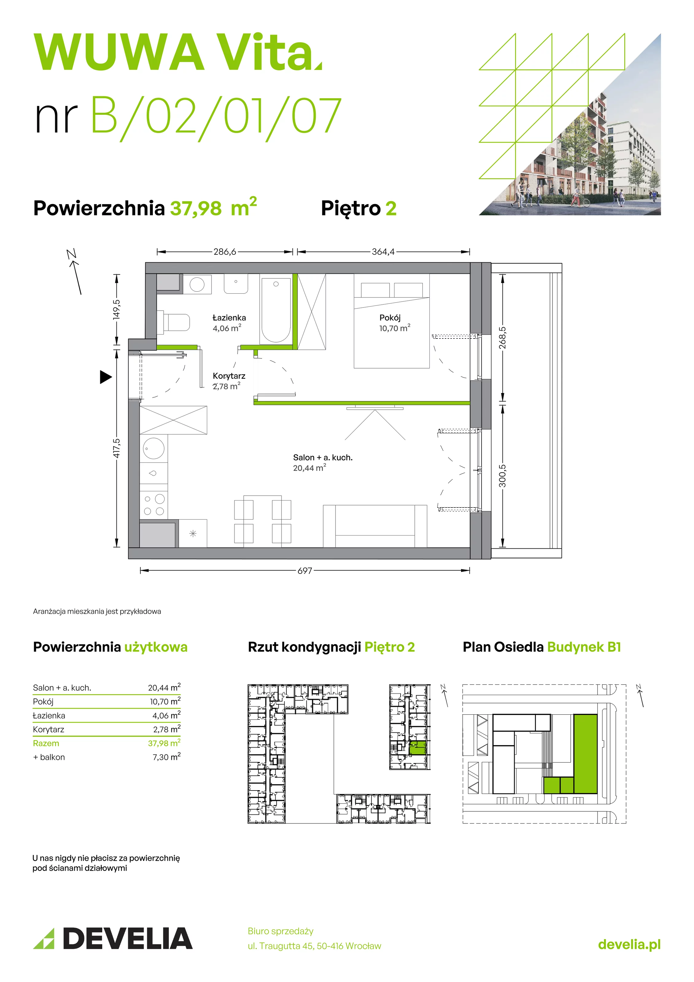 Mieszkanie 37,98 m², piętro 2, oferta nr B.02.01.07, WUWA Vita, Wrocław, Żerniki, Fabryczna, ul. Tadeusza Brzozy