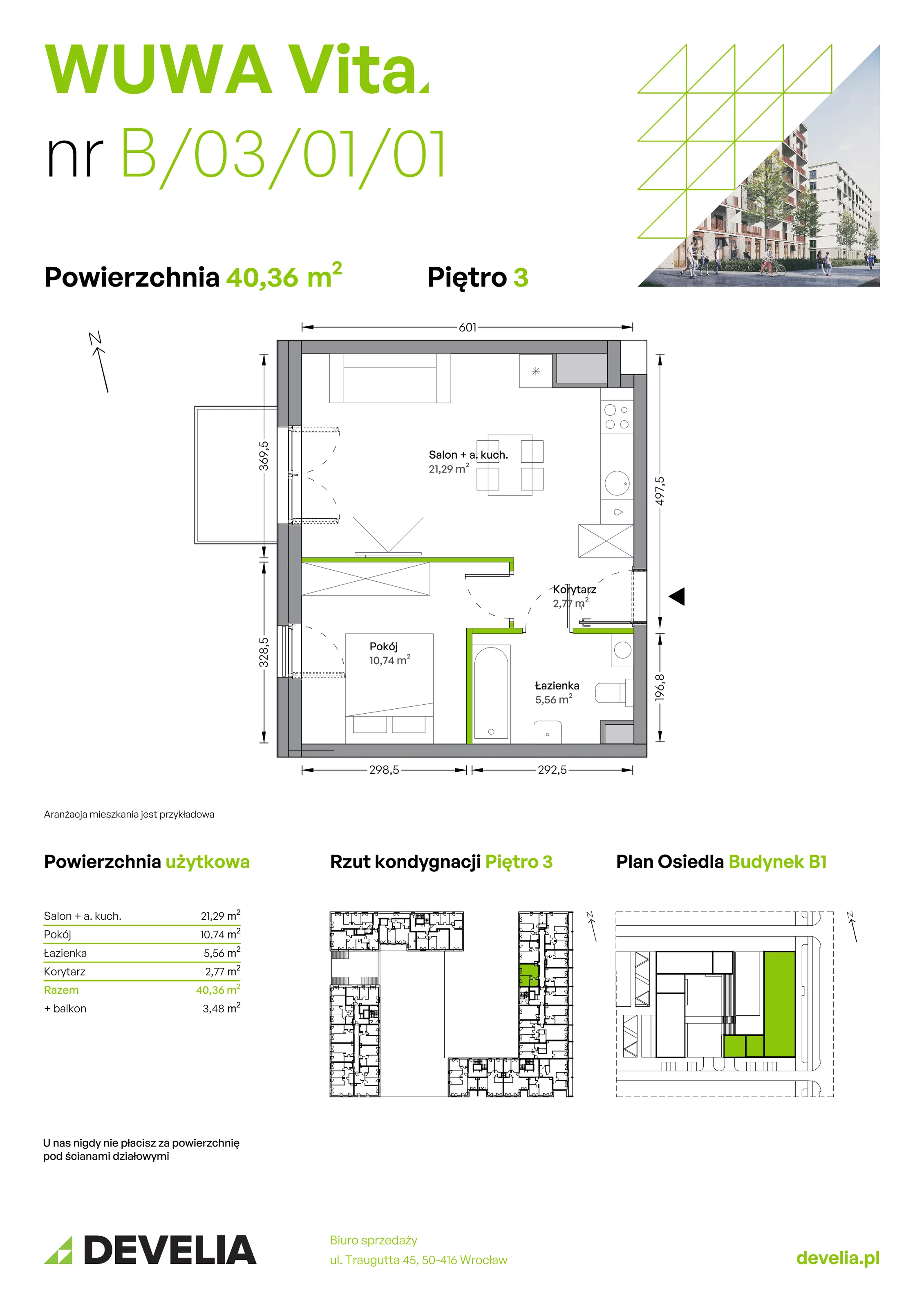 Mieszkanie 40,36 m², piętro 3, oferta nr B.03.01.01, WUWA Vita, Wrocław, Żerniki, Fabryczna, ul. Tadeusza Brzozy