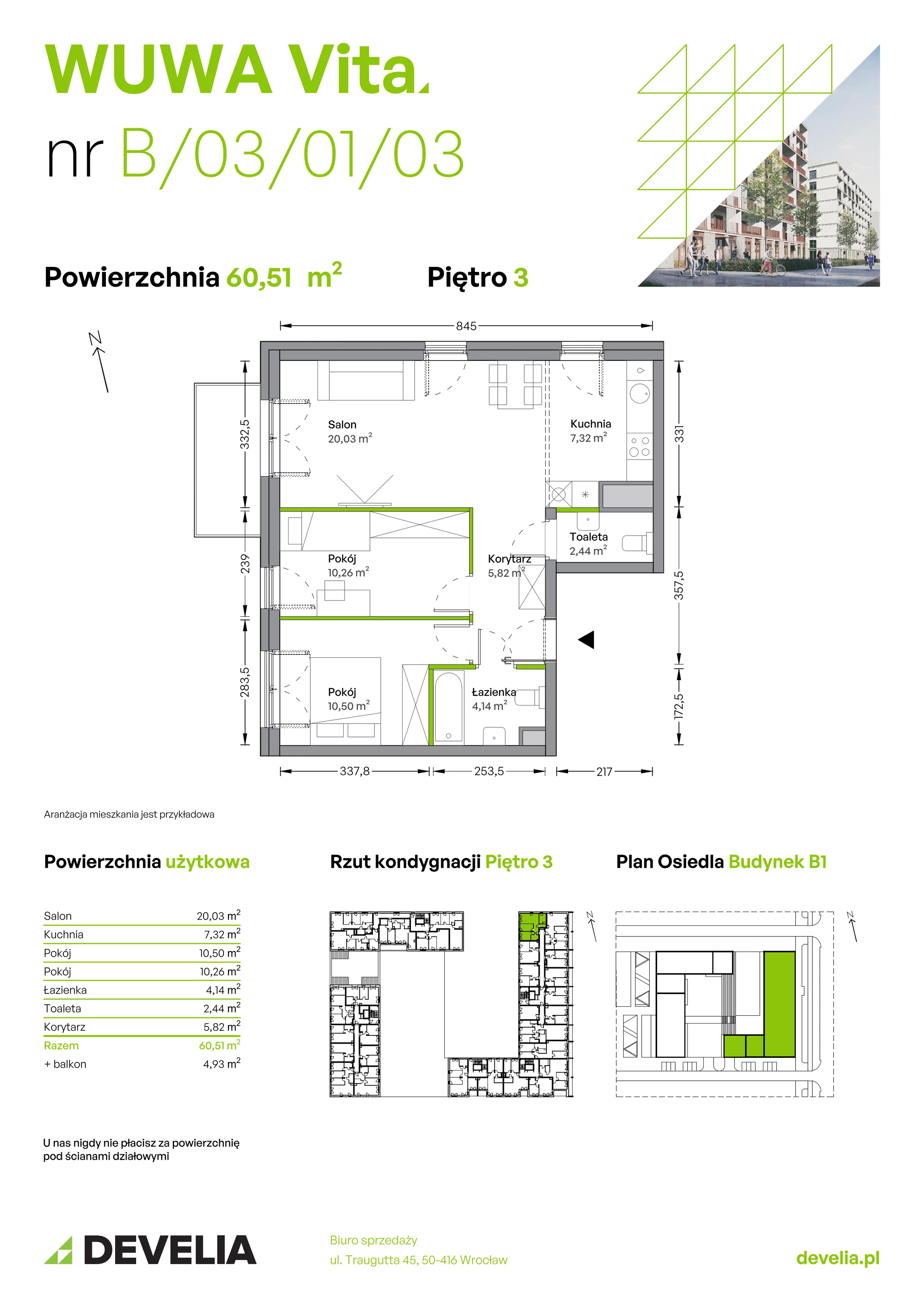 3 pokoje, mieszkanie 60,51 m², piętro 3, oferta nr B.03.01.03, WUWA Vita, Wrocław, Żerniki, Fabryczna, ul. Tadeusza Brzozy